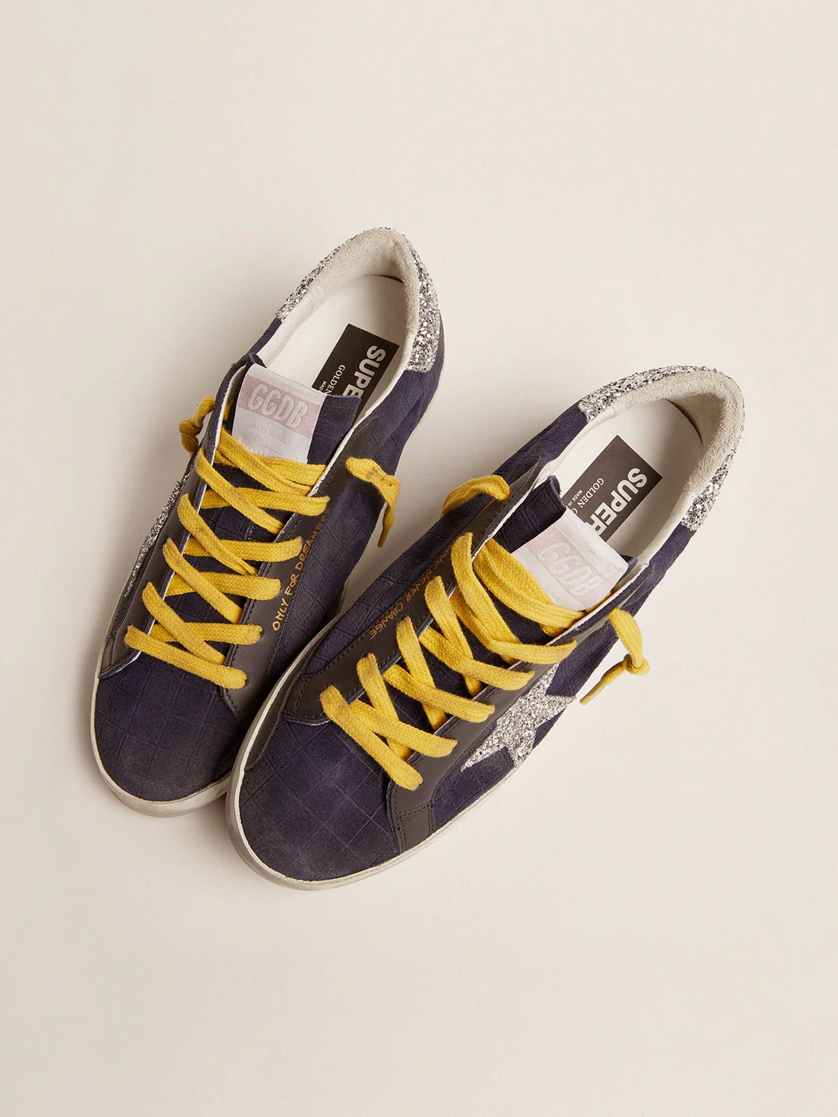 Women | Super-Star Sneakers Dark Blue Suede with Checkered Pattern & Silver Glitter Details | Dark Blue x Silver - Image 7