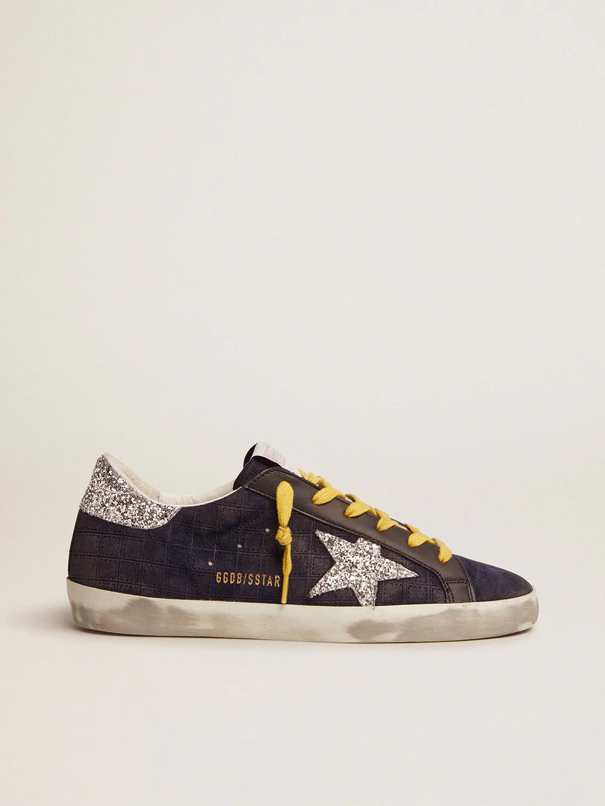 Women | Super-Star Sneakers Dark Blue Suede with Checkered Pattern & Silver Glitter Details | Dark Blue x Silver - Image 8