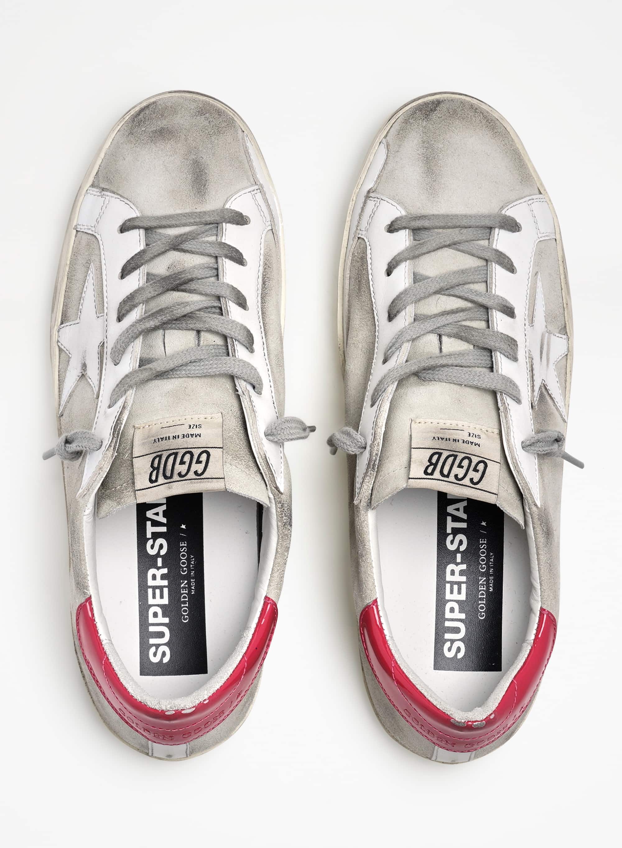 Women | Super-Star Sneakers Gray Suede with White Star & Red Heel Tab | Ice x White x Light Red - Image 6