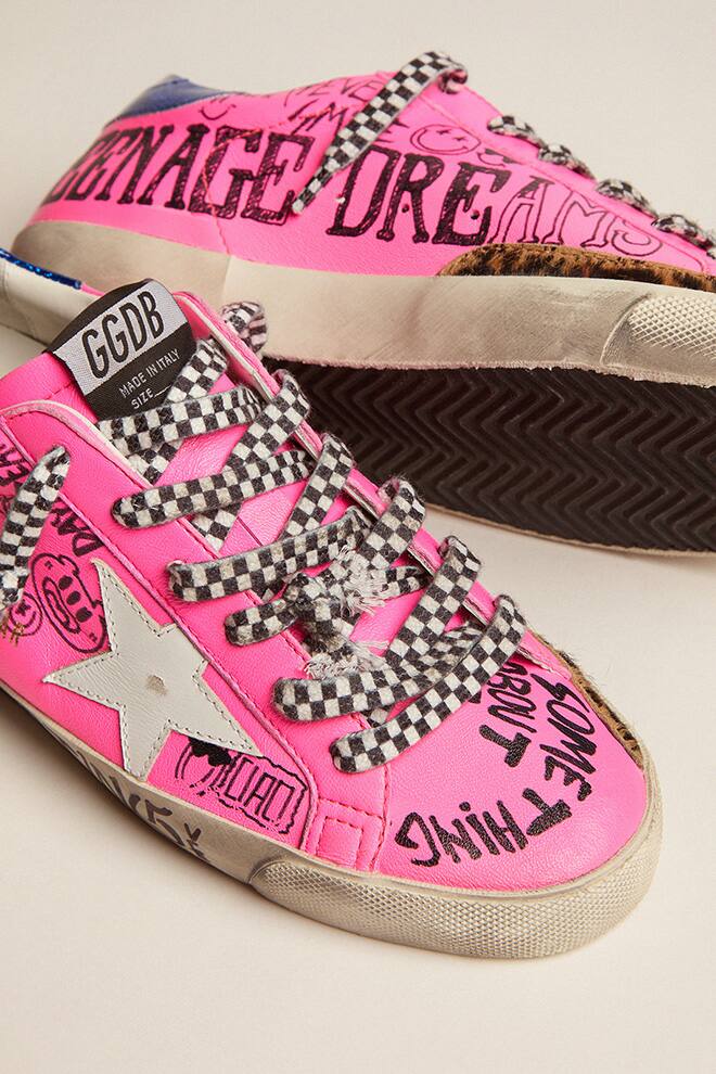 Women | Super-Star Sneakers Hot Pink Leather with Graffiti Print & White Star | Fuchsia Black x White x Electric Blue - Image 3