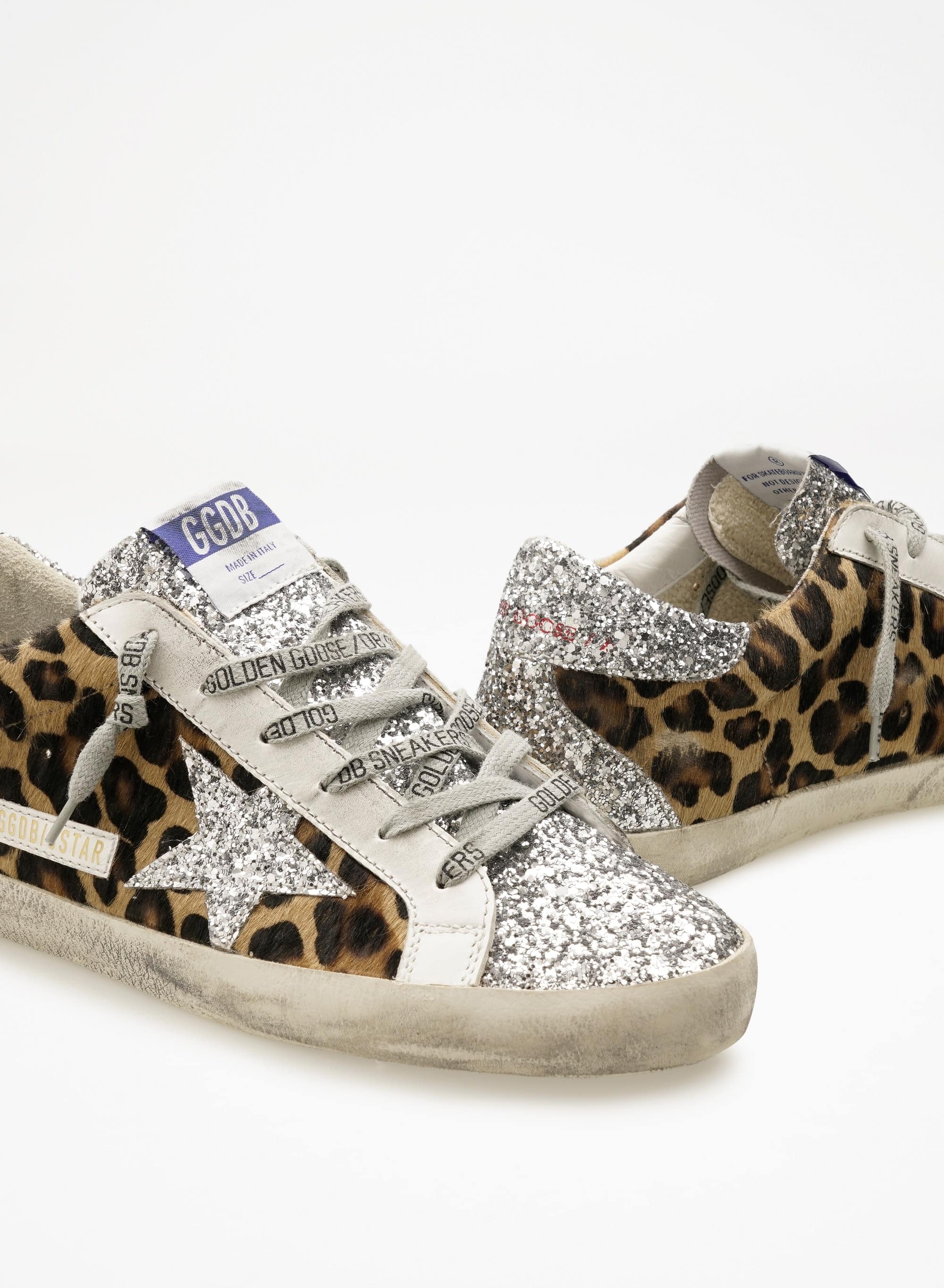 Women | Super-Star Sneakers Leopard Pony Skin with Silver Glitter Star & Heel Tab | Silver x Brown Black Leo - Image 5