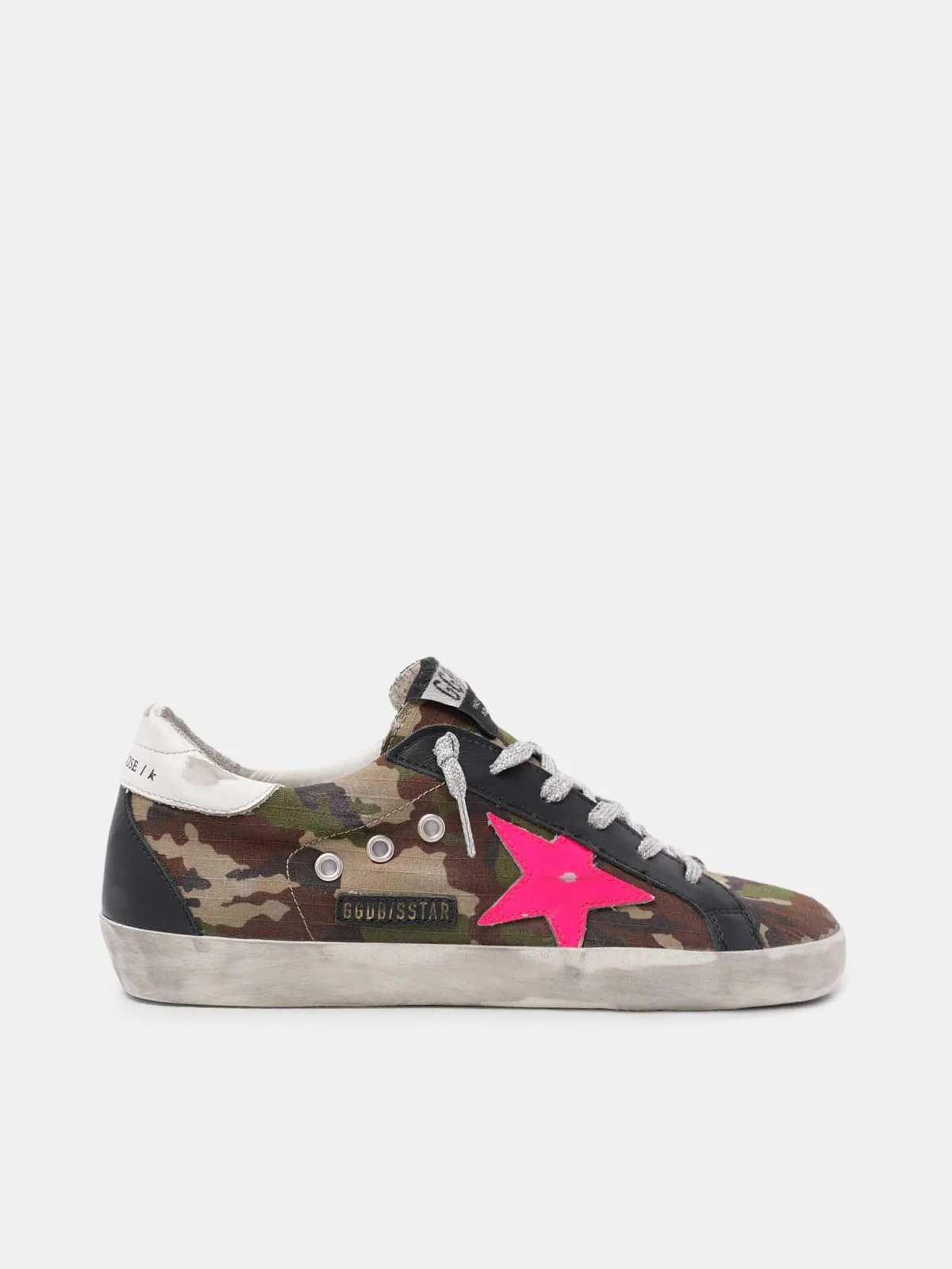 Women | Super-Star Sneakers Mimetic Print with Fucsia Leather Star & White & Black Leather Heel Tab | Green Camouflage x Fuxia Fluo x White x Black - Image 4