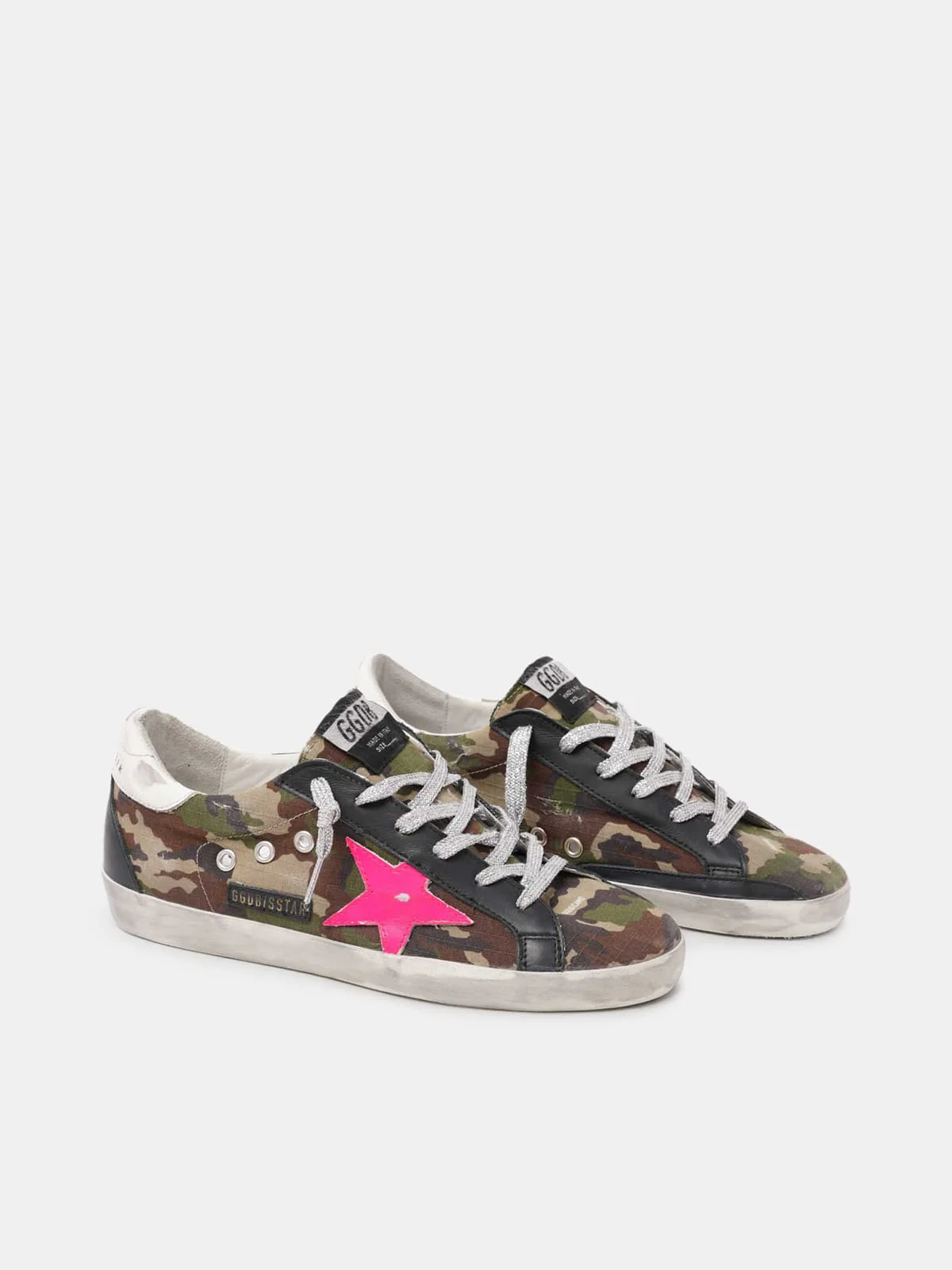 Women | Super-Star Sneakers Mimetic Print with Fucsia Leather Star & White & Black Leather Heel Tab | Green Camouflage x Fuxia Fluo x White x Black - Image 5