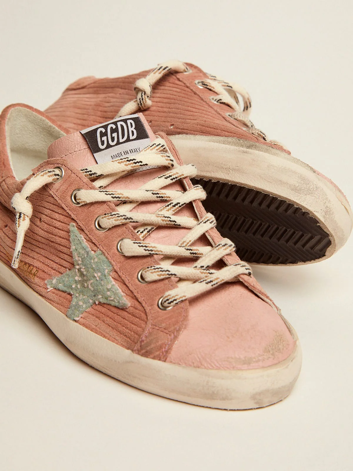 Women | Super-Star Sneakers Peach-Pink Suede with Corduroy Print & Bouclé Star | Malva x Green Pink x Silver - Image 3