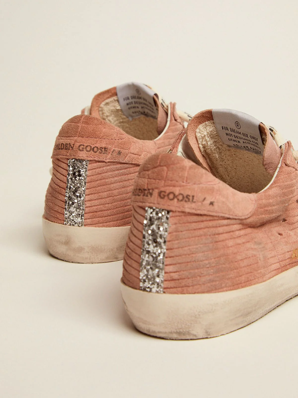 Women | Super-Star Sneakers Peach-Pink Suede with Corduroy Print & Bouclé Star | Malva x Green Pink x Silver - Image 9