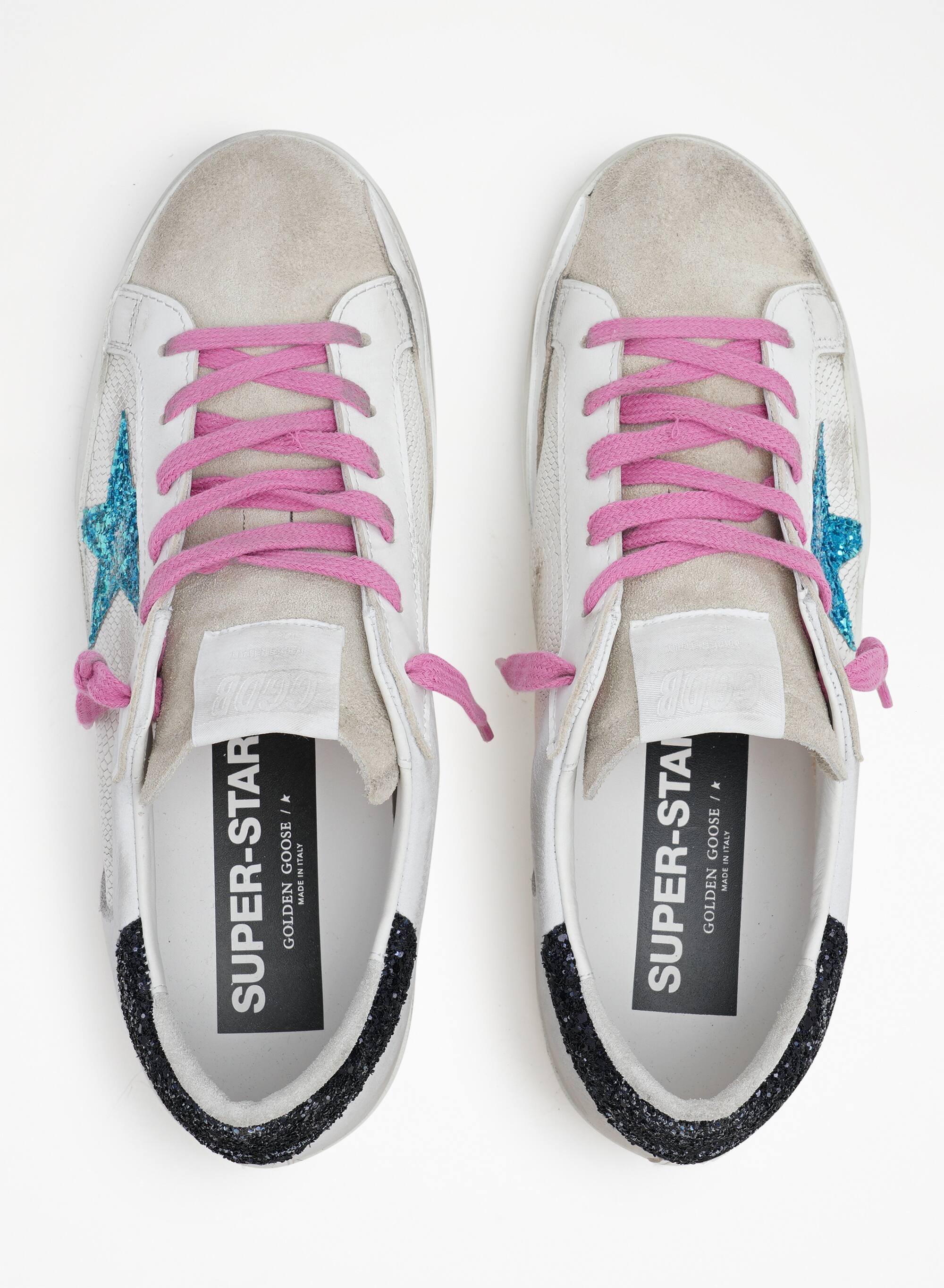 Women | Super-Star Sneakers Phyton White Leather with Glitter Star & Heel Tab | White x Light Blue x Dark Blue - Image 3