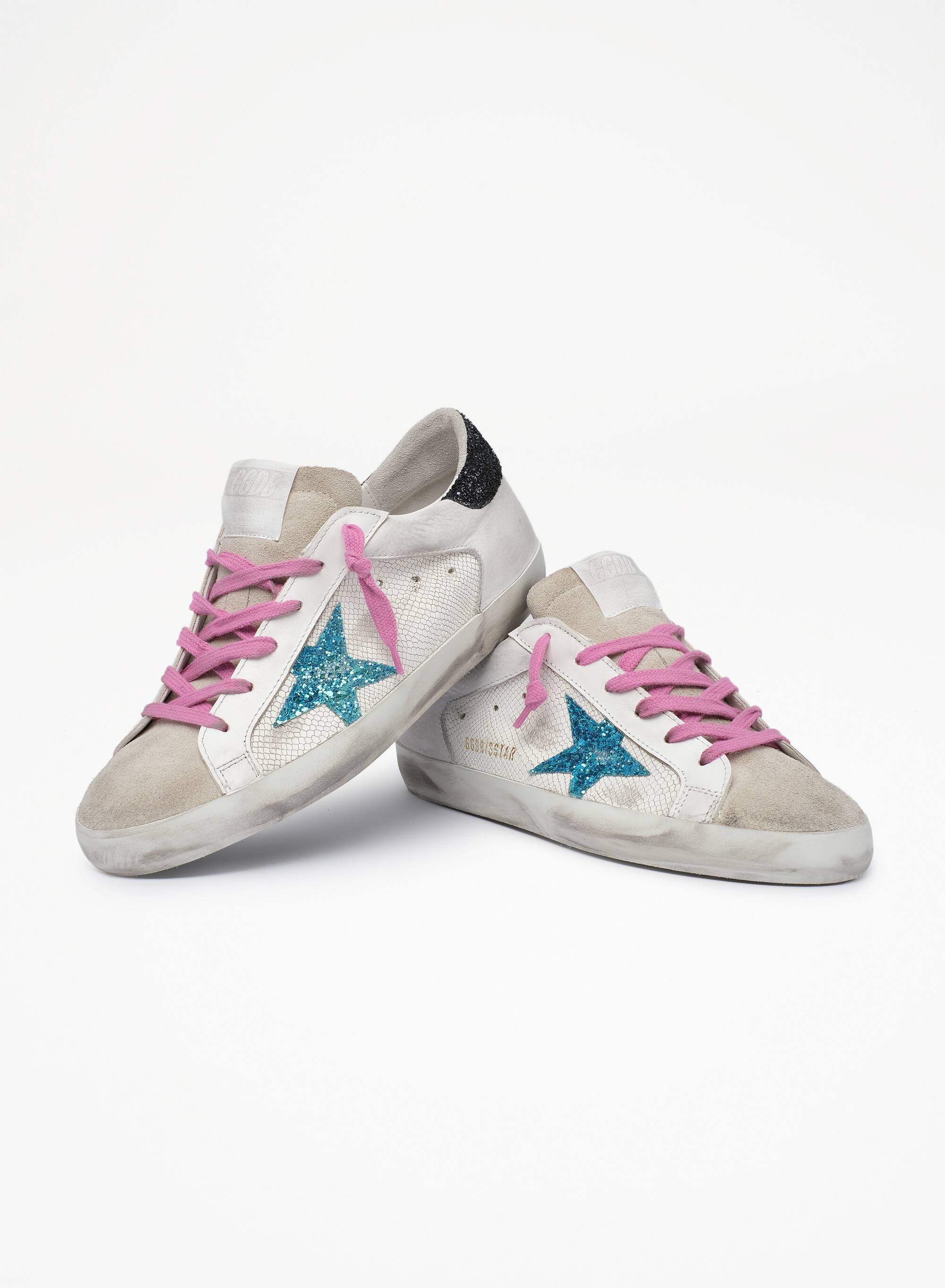 Women | Super-Star Sneakers Phyton White Leather with Glitter Star & Heel Tab | White x Light Blue x Dark Blue - Image 4