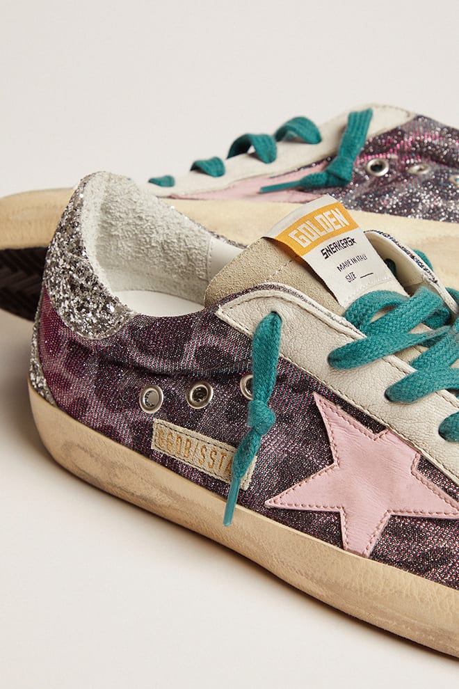 Women | Super-Star Sneakers Pink Leopard Print with Pink Leather Star & Silver Glitter Heel Tab | Purple Black Leo x Ice x Orchid Pink x Silver - Image 3