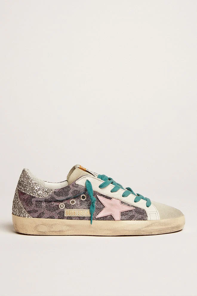 Women | Super-Star Sneakers Pink Leopard Print with Pink Leather Star & Silver Glitter Heel Tab | Purple Black Leo x Ice x Orchid Pink x Silver - Image 5