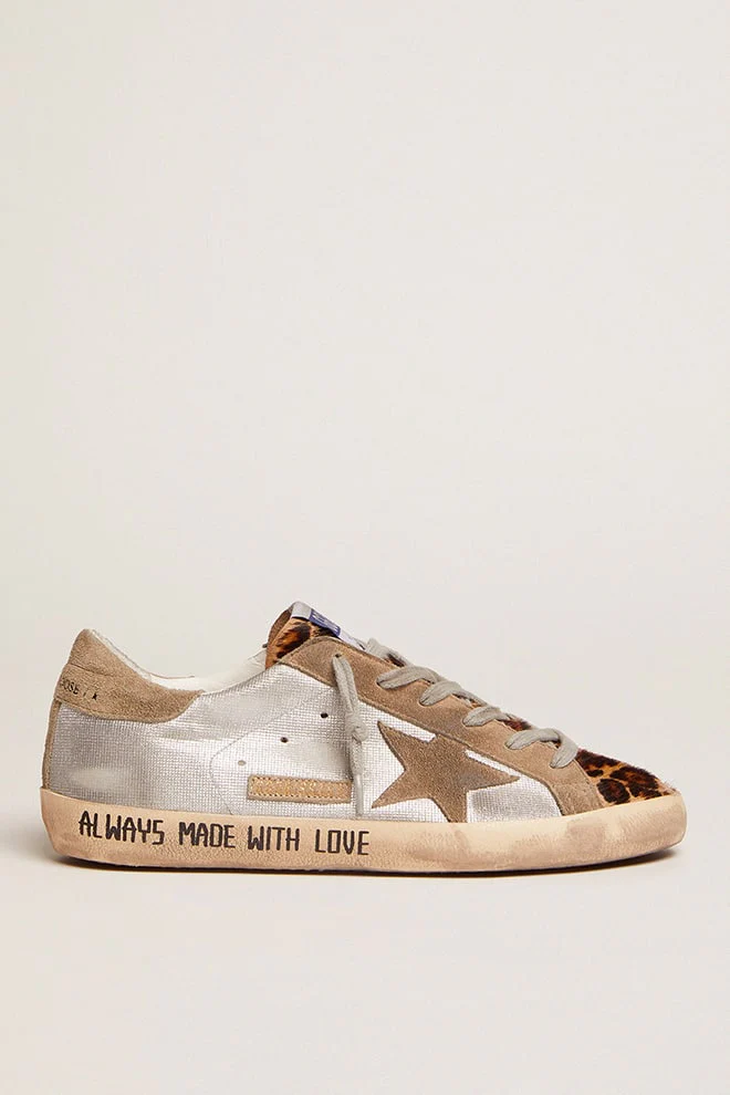 Women | Super-Star Sneakers Silver Leather with Beige Suede Star & Heel Tab | Silver x Beige Brown Leo x Taupe - Image 2