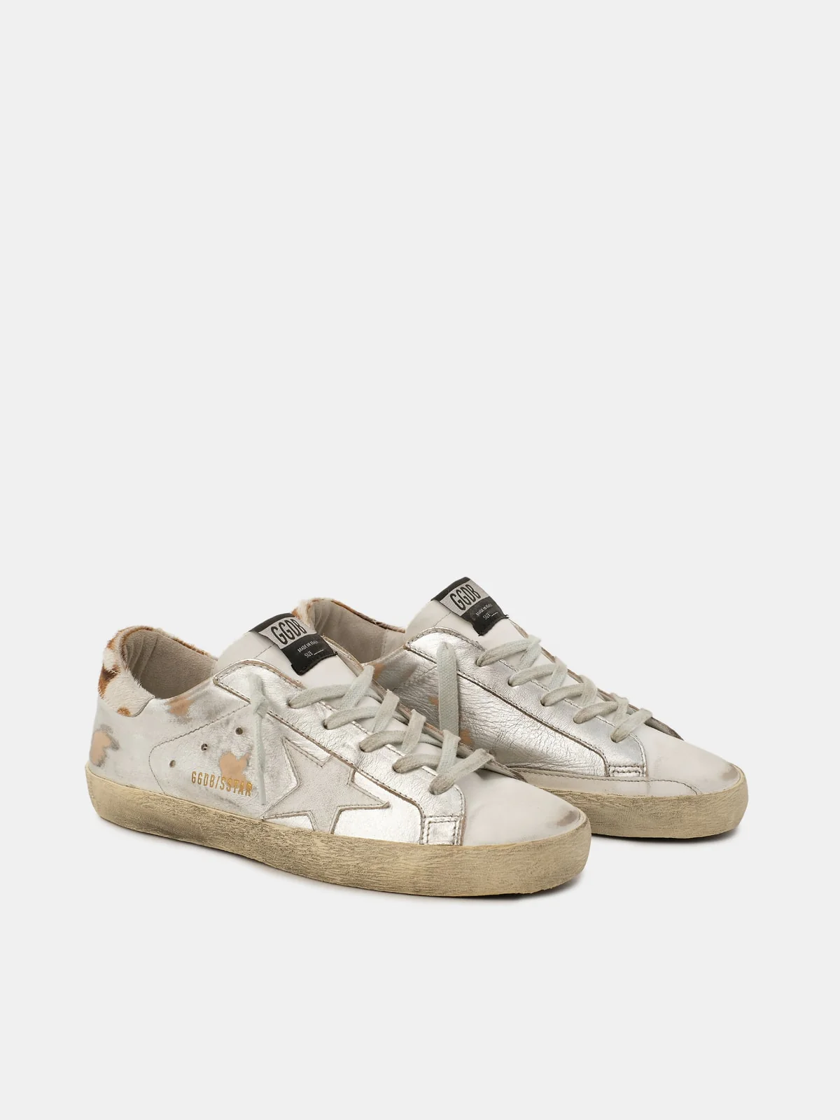 Women | Super-Star Sneakers Silver Leather with White Star & Pony Skin Heel Tab - Image 3