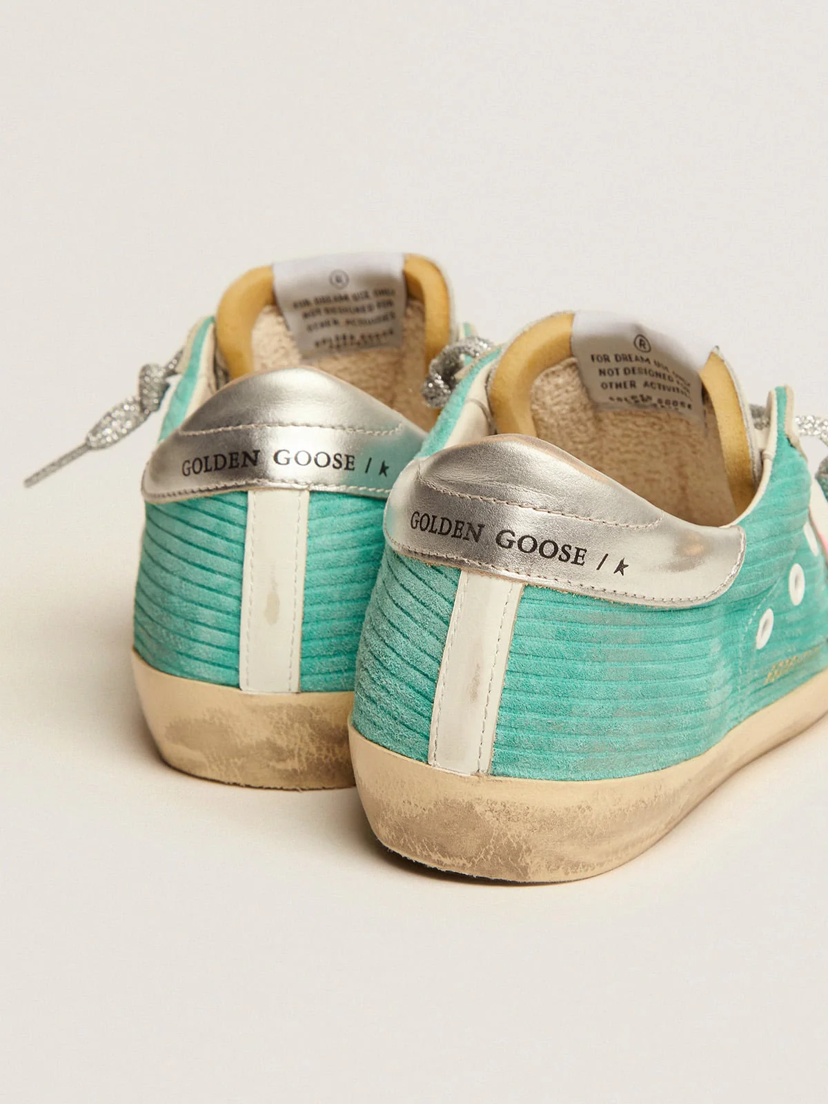 Women | Super-Star Sneakers Turquoise Suede with Corduroy Print & Fluorescent Pink Leather Star | Maldive x Fluo Pink x Optic White x Silver - Image 6