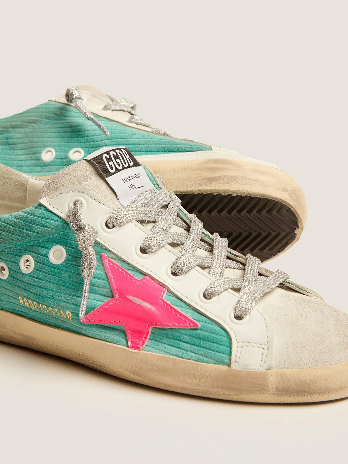 Women | Super-Star Sneakers Turquoise Suede with Corduroy Print & Fluorescent Pink Leather Star | Maldive x Fluo Pink x Optic White x Silver - Image 8