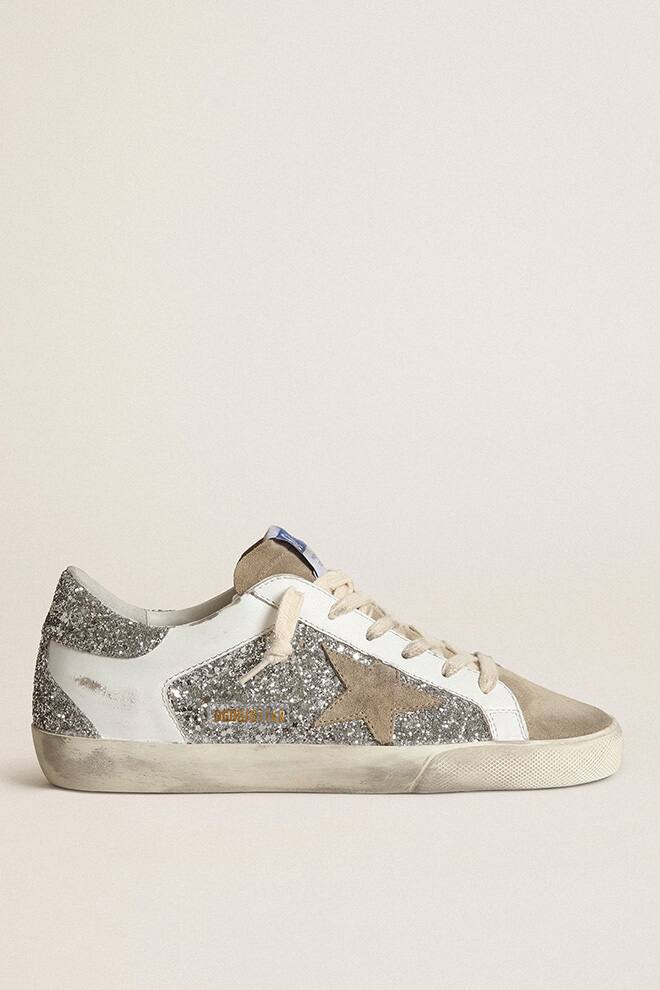 Women | Super-Star Sneakers White Leather & Silver Glitter with Suede Star | Silver x White x Taupe - Image 2