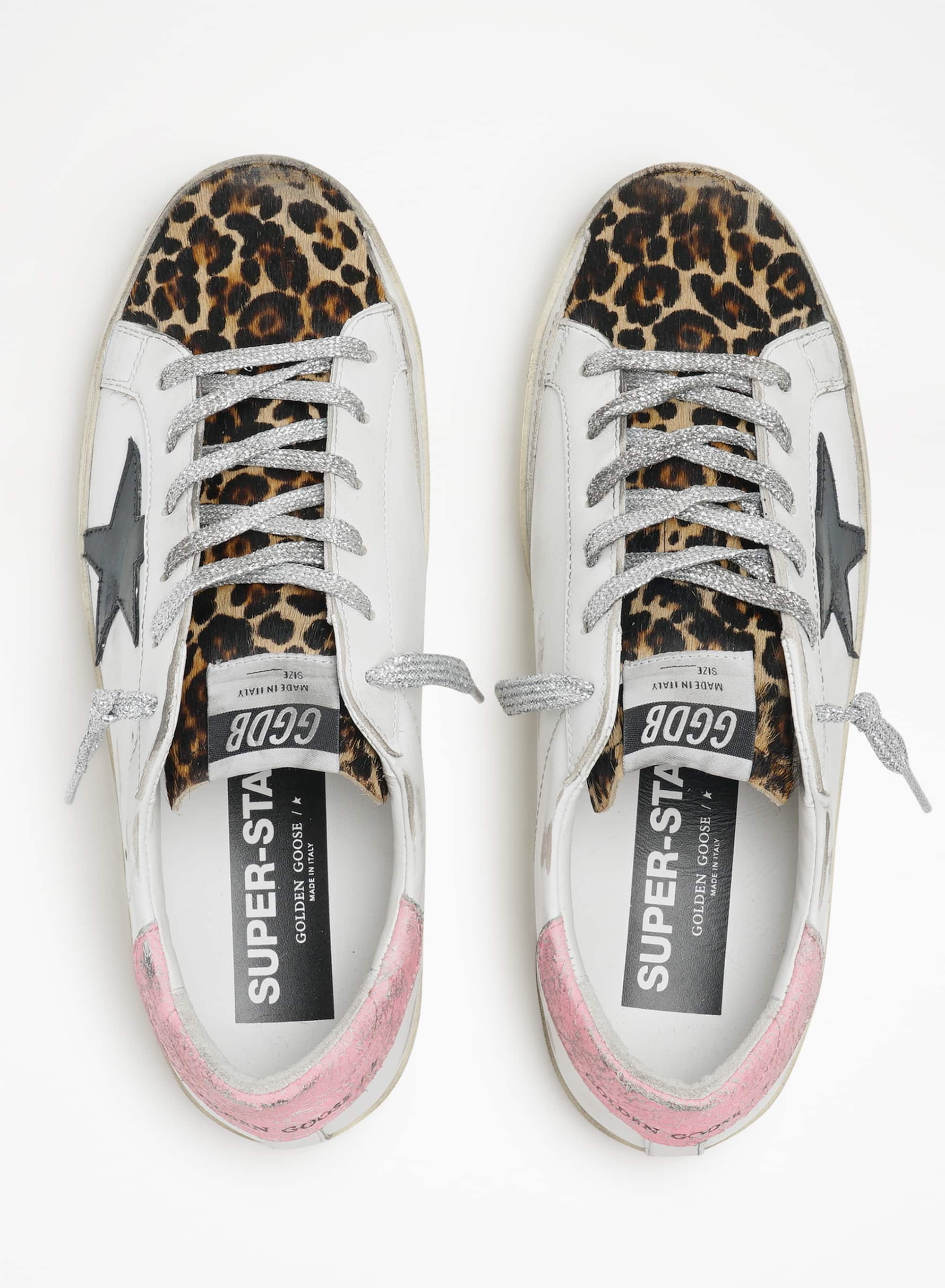 Women | Super-Star Sneakers White Leather with Black Star & Pink Heel Tab & Leopard Print Insert | White x Beige Brown Leo x Dark Blue x Pink - Image 2