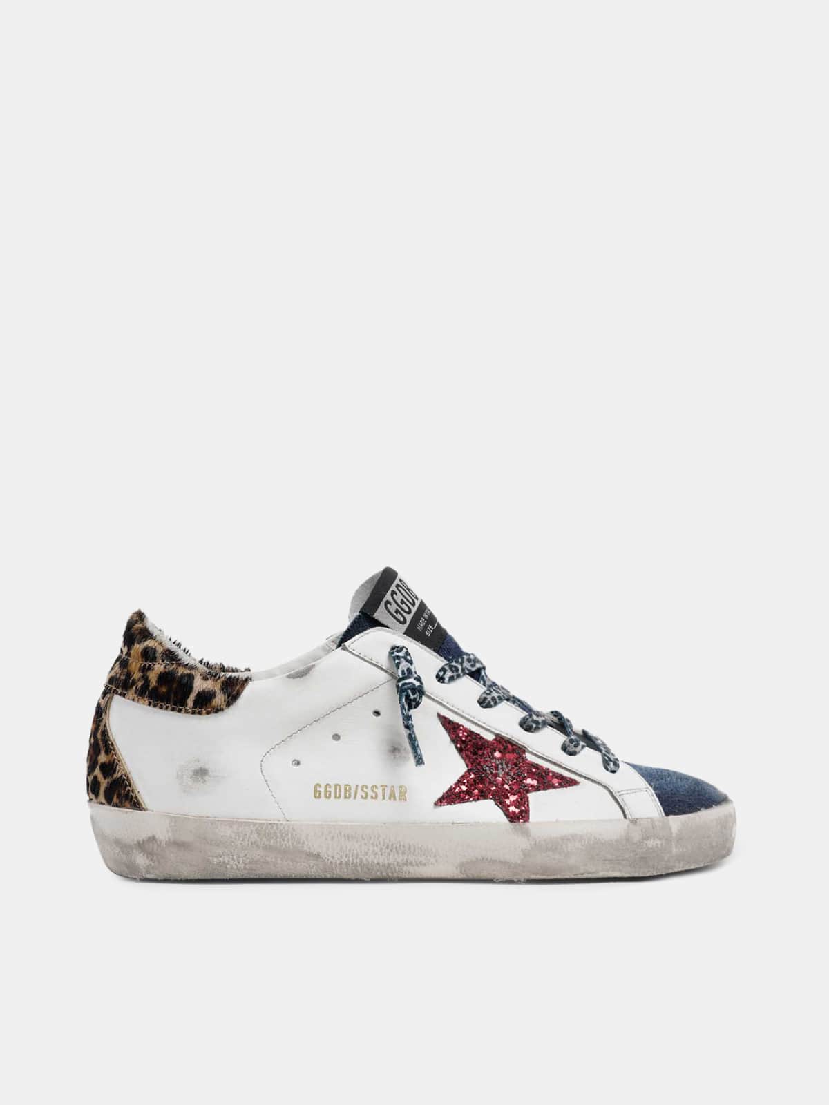 Women | Super-Star Sneakers White Leather with Burgundy Glitter Star & Leopard Pony Skin Heel Tab & Denim Insert | White x Blue x Red x Brown Leo - Image 4
