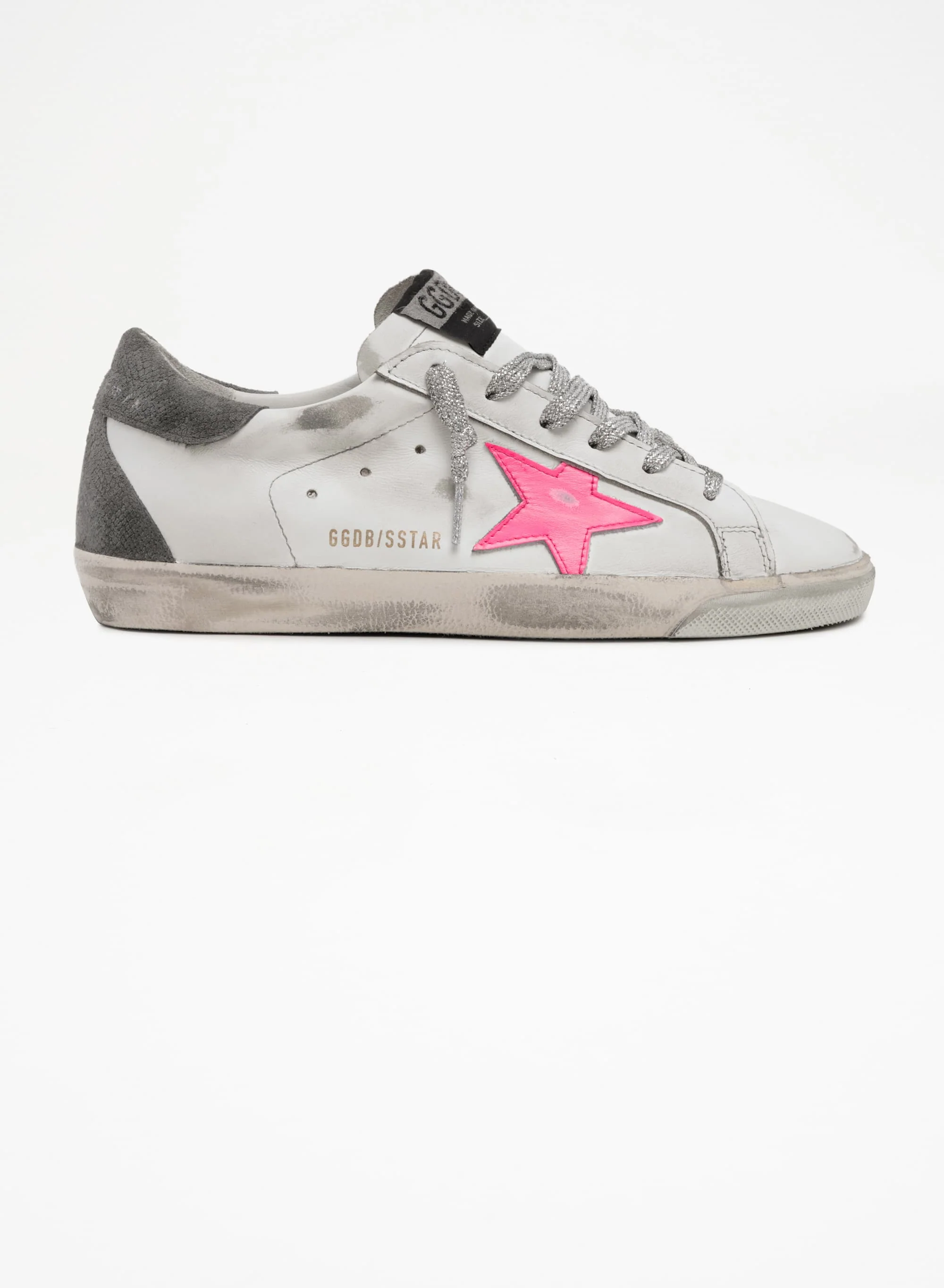 Women | Super-Star Sneakers White Leather with Fuchsia Star & Phyton Gray Suede Heel Tab | White x Pink Fluo x Grey - Image 2