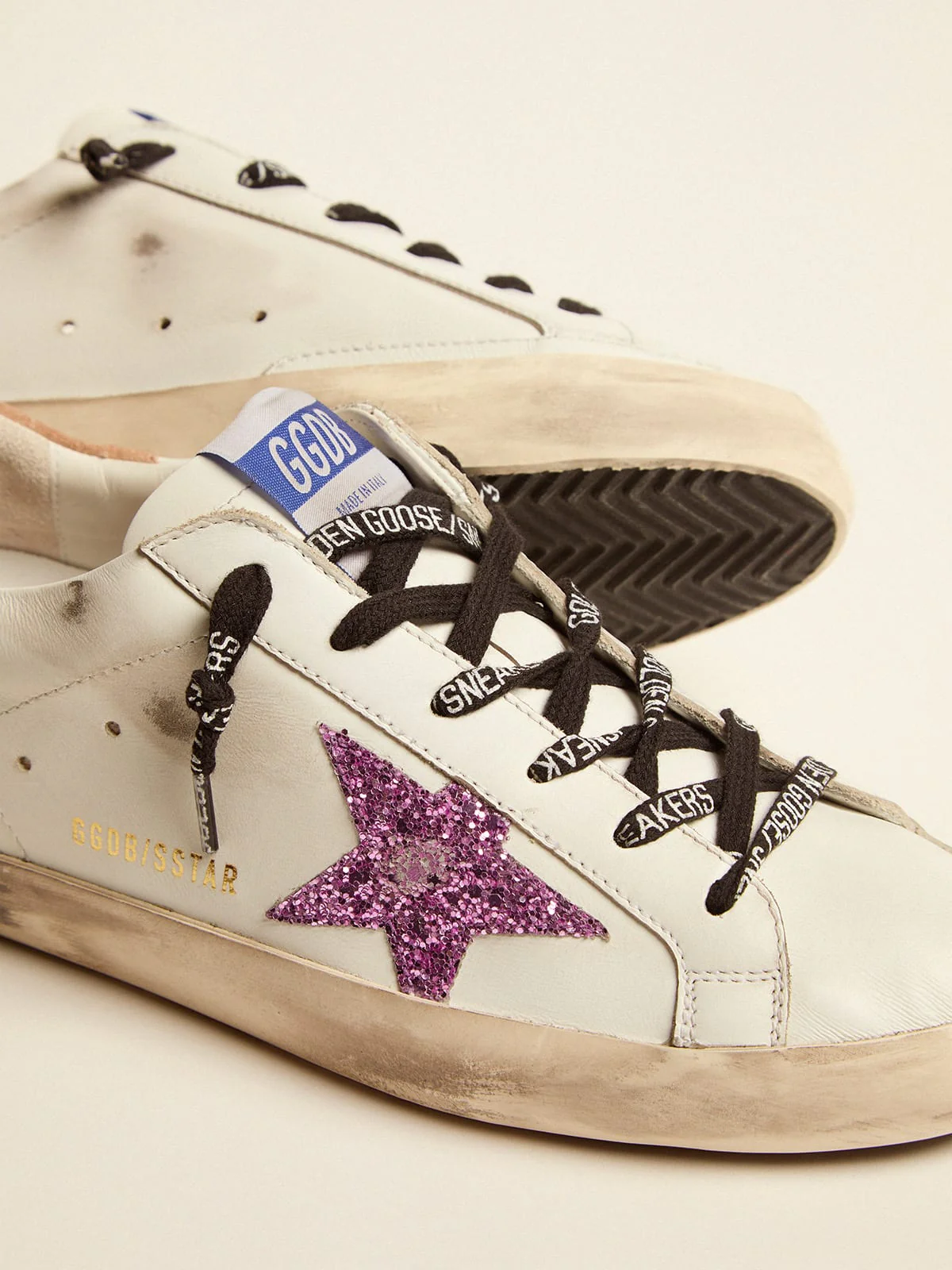 Women | Super-Star Sneakers White Leather with Lavender-Colored Glitter Star | White x Lavander x Beige - Image 7