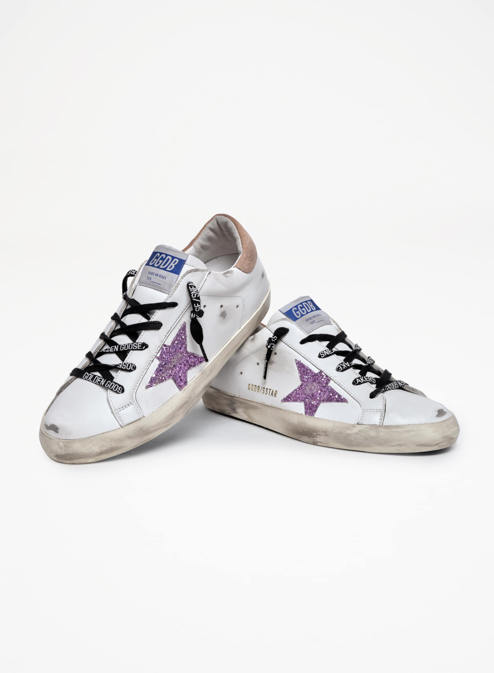 Women | Super-Star Sneakers White Leather with Lavender-Colored Glitter Star | White x Lavander x Beige - Image 9