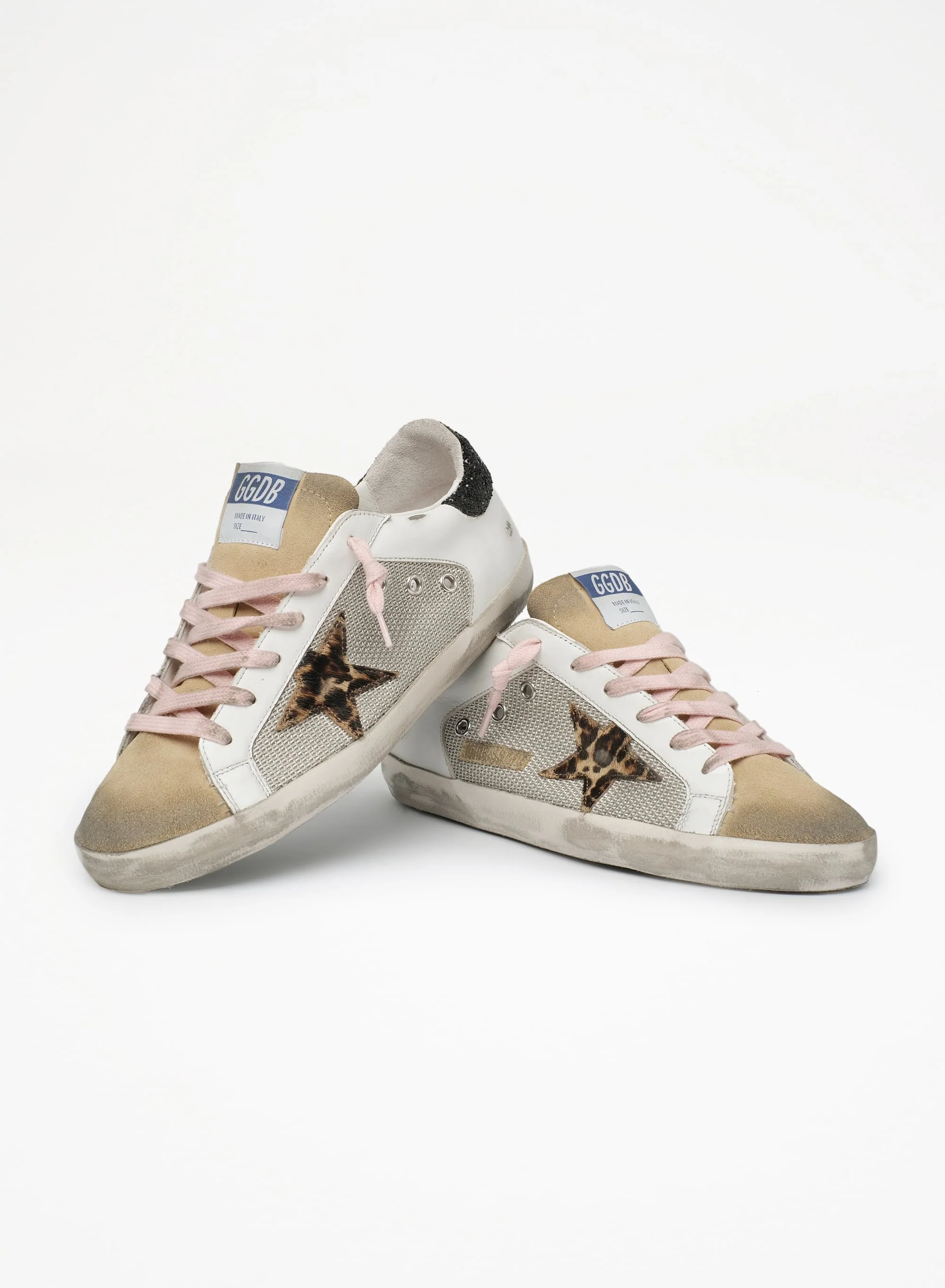 Women | Super-Star Sneakers White Leather with Leopard Pony Skin Star & Black Glitter Heel Tab | Silver x White x Cappuccino x Beige Brown Leo x Black - Image 7
