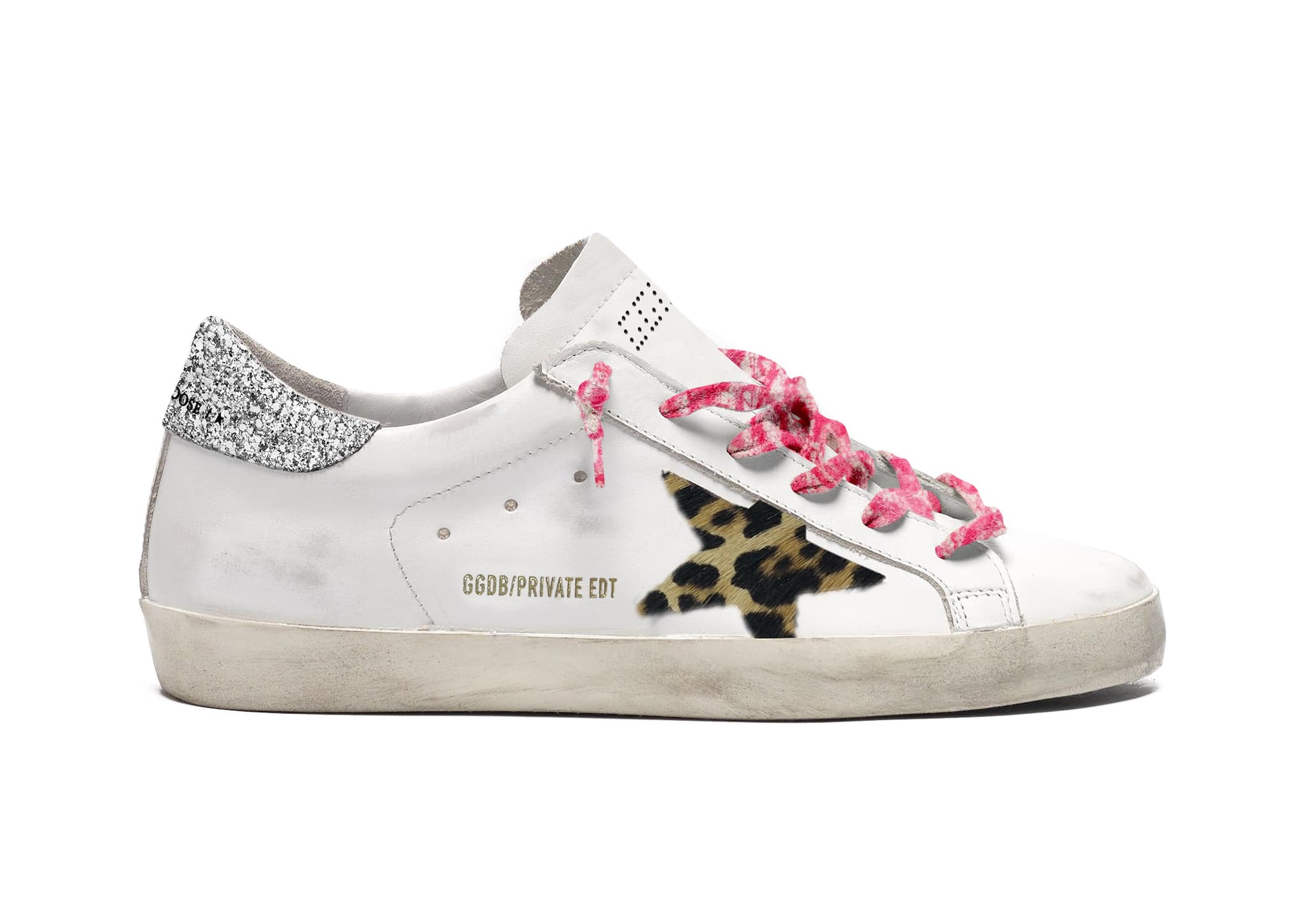 Women | Super-Star Sneakers White Leather with Leopard Pony Skin Star & Glitter Heel | White x Beige Brown Leo x Silver - Image 2