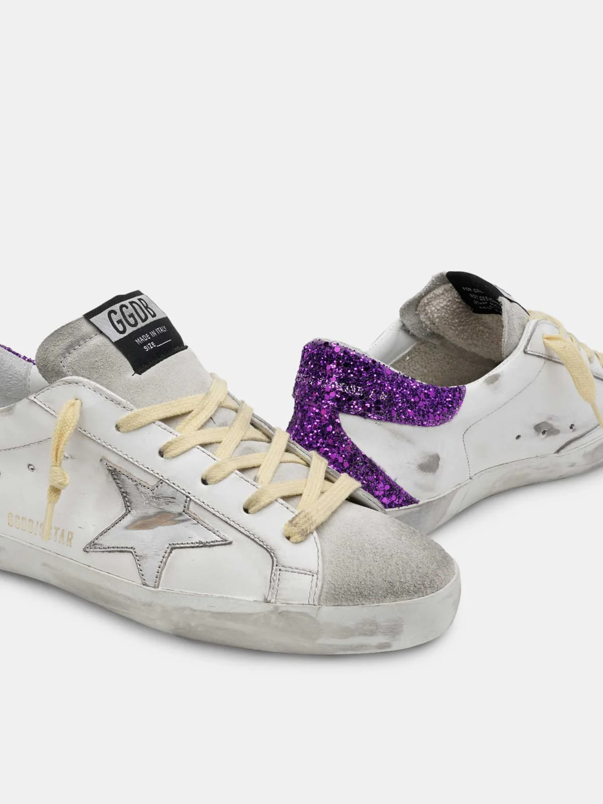 Women | Super-Star Sneakers White Leather with Silver Leather Star & Purple Glitter Heel Tab | White x Ice x Silver x Purple - Image 4