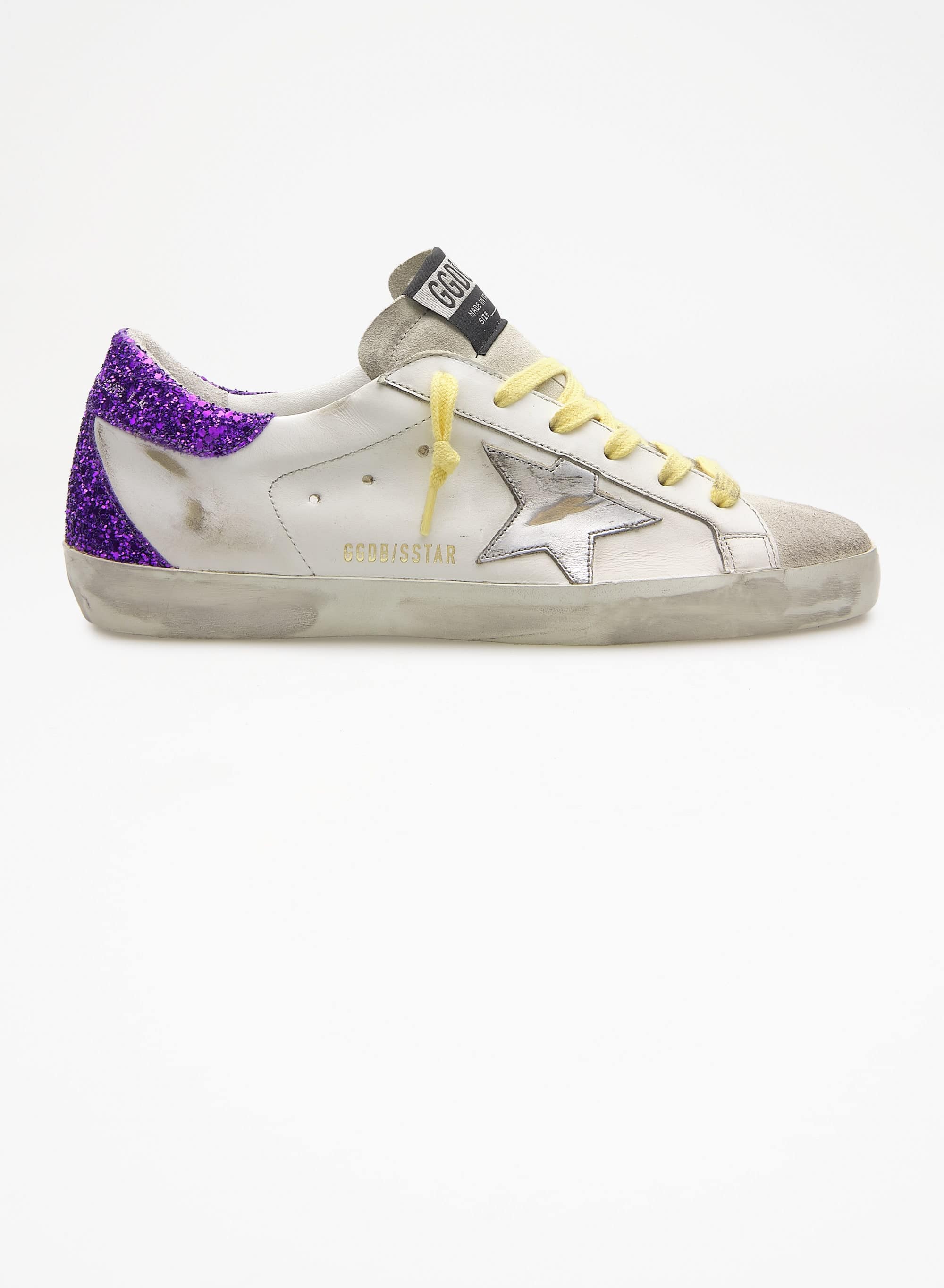 Women | Super-Star Sneakers White Leather with Silver Leather Star & Purple Glitter Heel Tab | White x Ice x Silver x Purple - Image 5