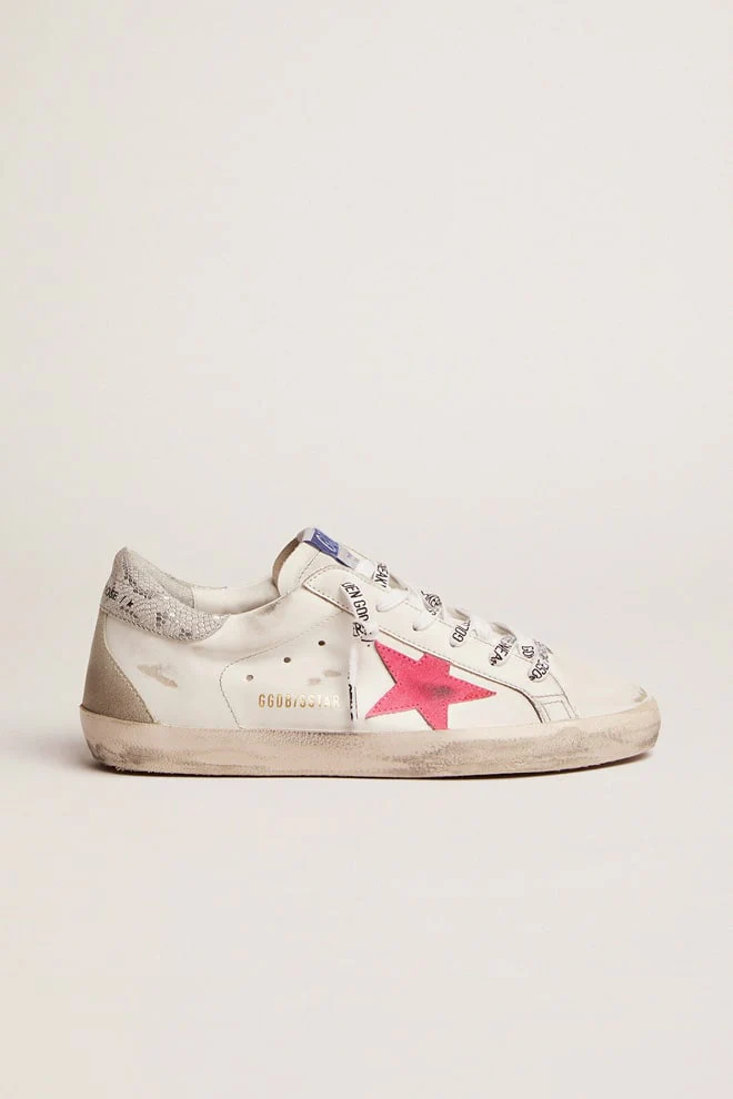 Women | Super-Star Sneakers White Leather with Suede Red Star & Python Print Heel Tab | White x Lobster Fluo x Ice x Silver - Image 4