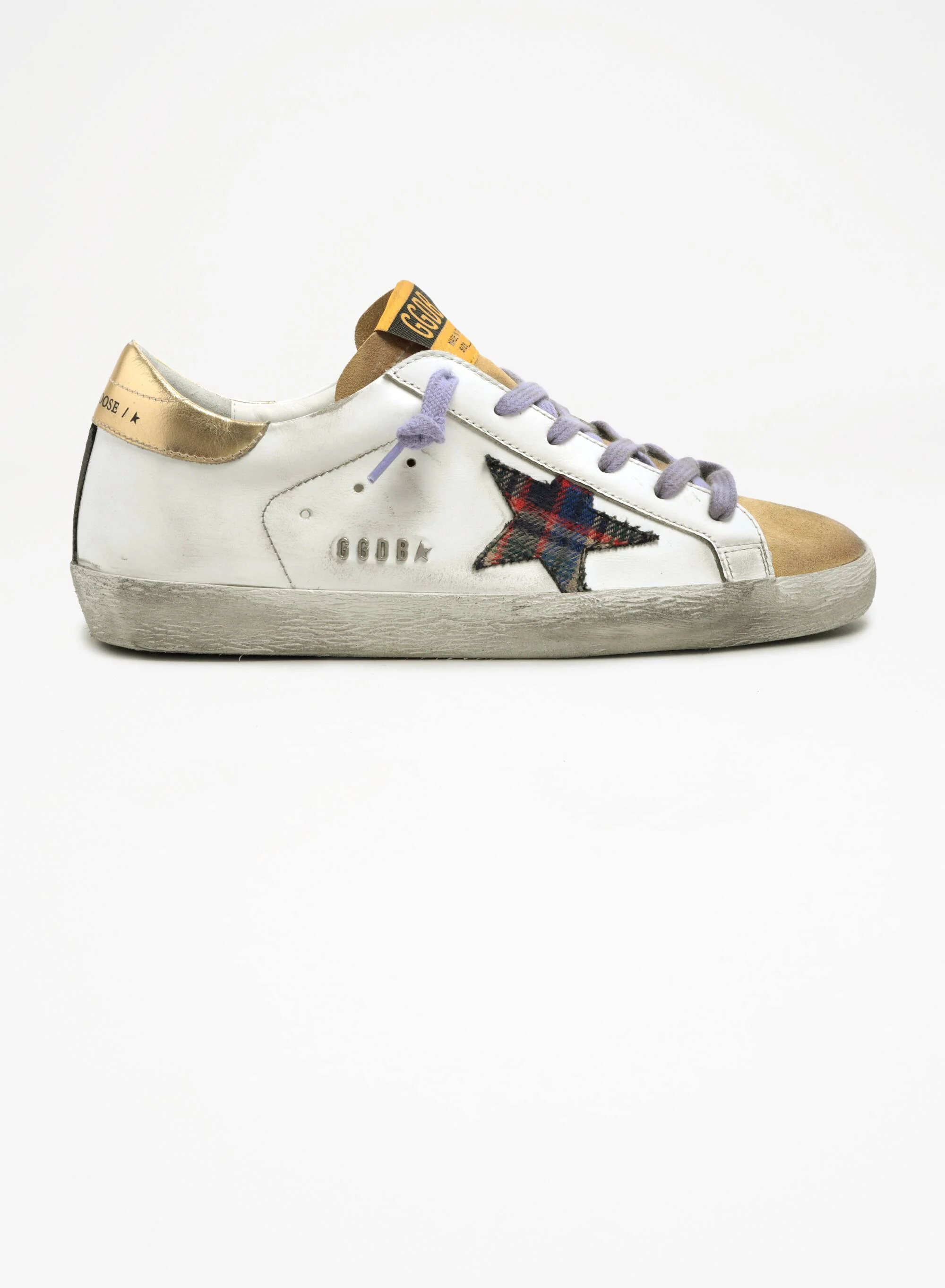 Women | Super-Star Sneakers White Leather with Tartan Star & Gold Laminated Heel Tab | White x Sand x Multicolor x Gold - Image 4