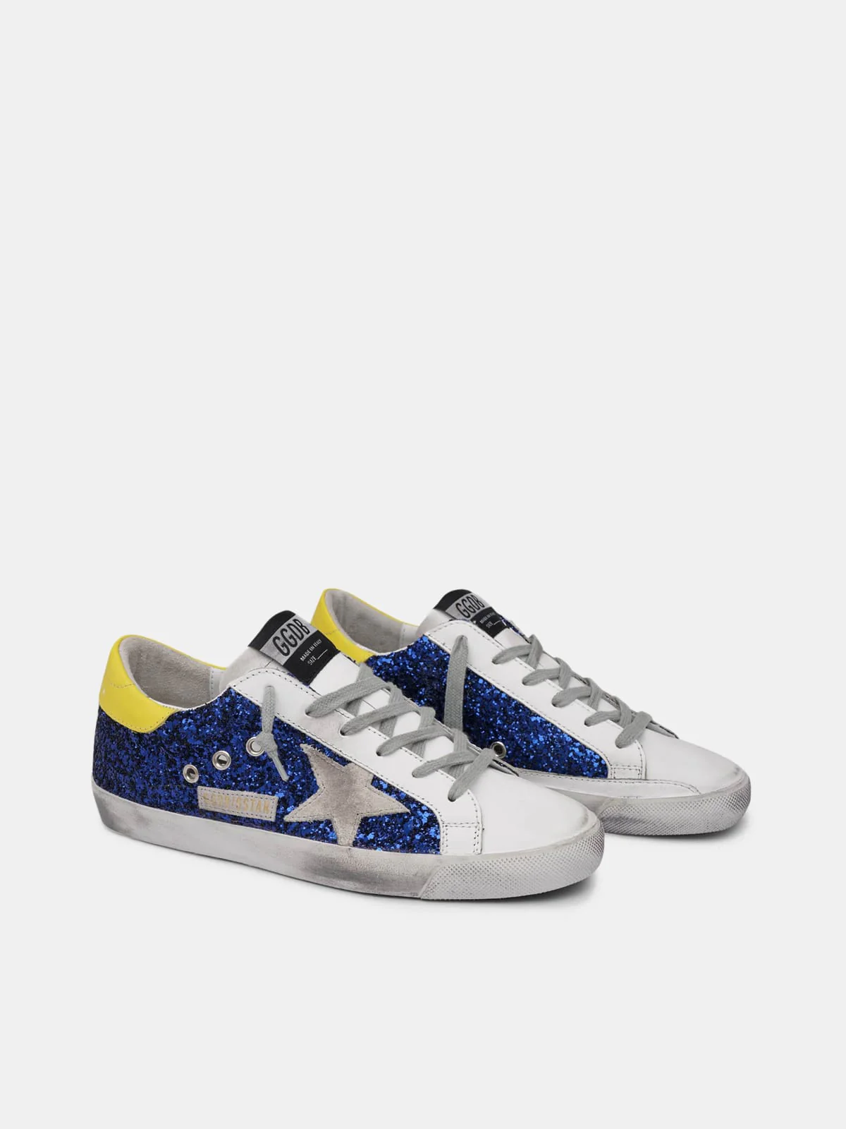 Women | Super-Star Sneakers with Blue Glitter & Yellow Heel Tab - Image 3