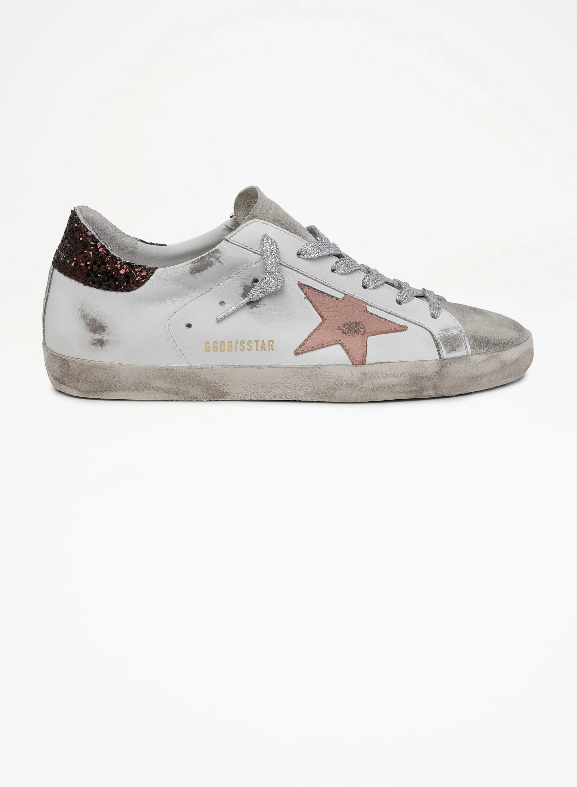 Women | Super-Star Sneakers with Brown Glitter Heel Tab & Pink Crackled Leather Star | White x Ice x Pink x Brown - Image 3