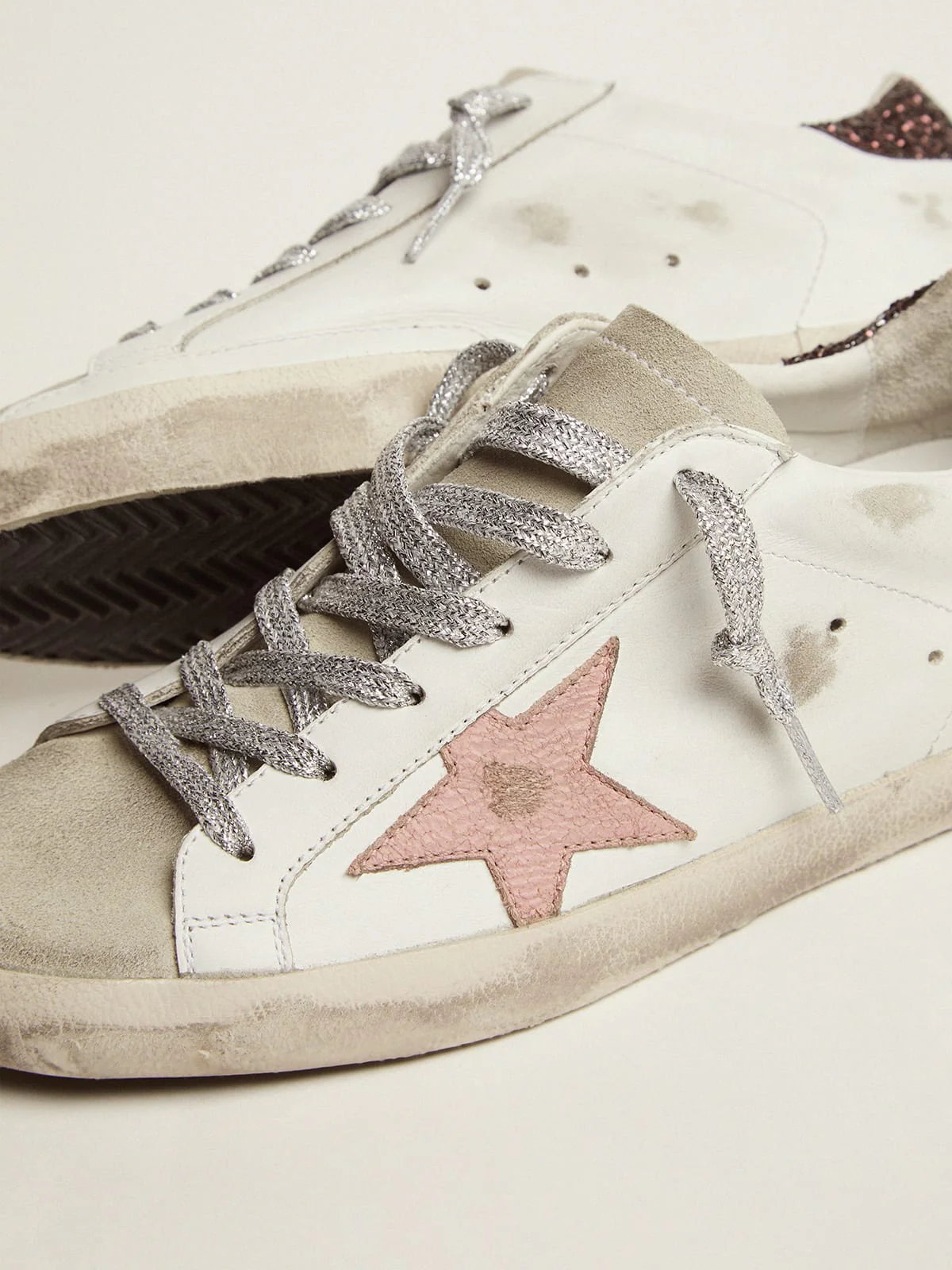 Women | Super-Star Sneakers with Brown Glitter Heel Tab & Pink Crackled Leather Star | White x Ice x Pink x Brown - Image 6