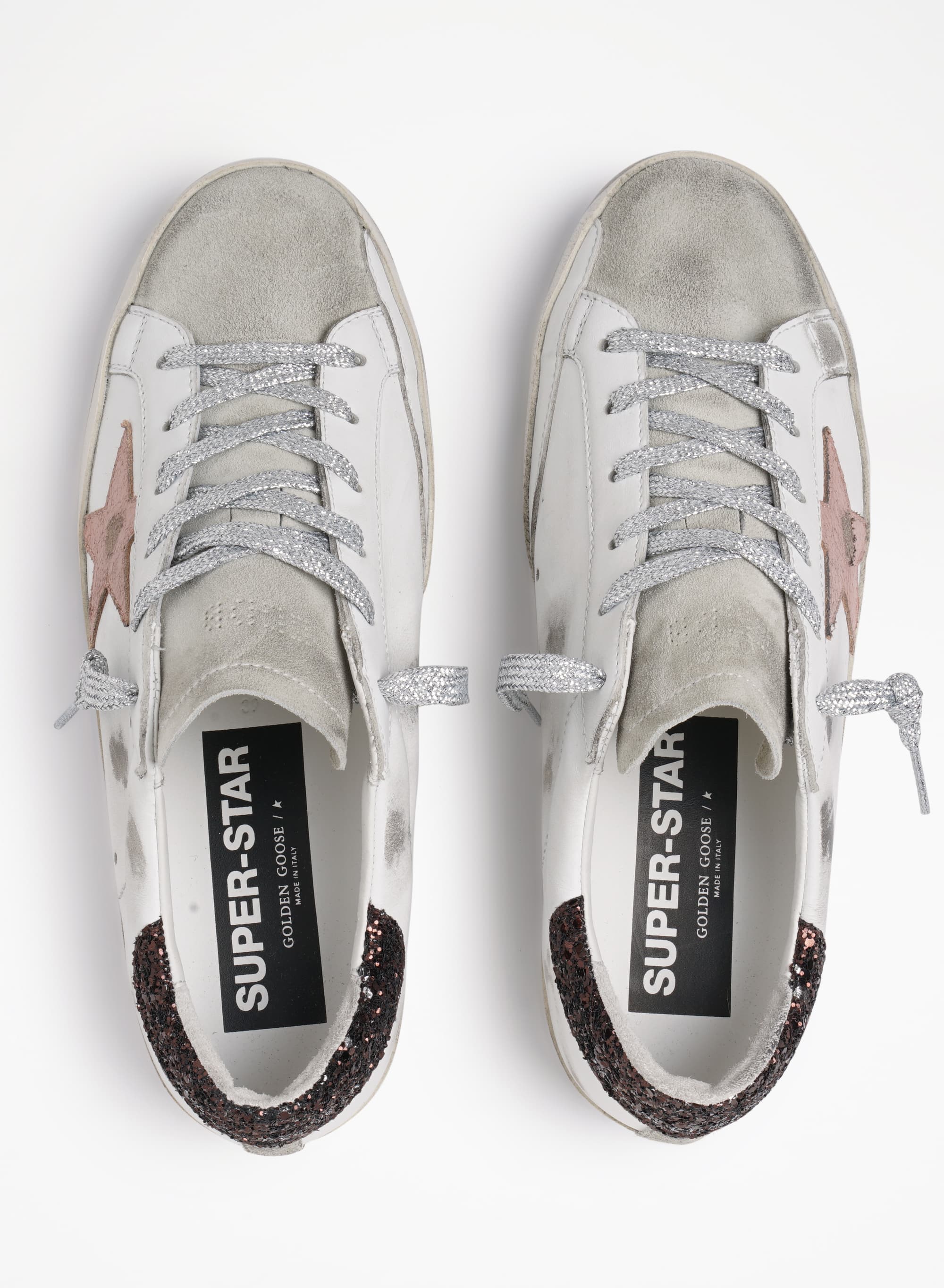 Women | Super-Star Sneakers with Brown Glitter Heel Tab & Pink Crackled Leather Star | White x Ice x Pink x Brown - Image 9