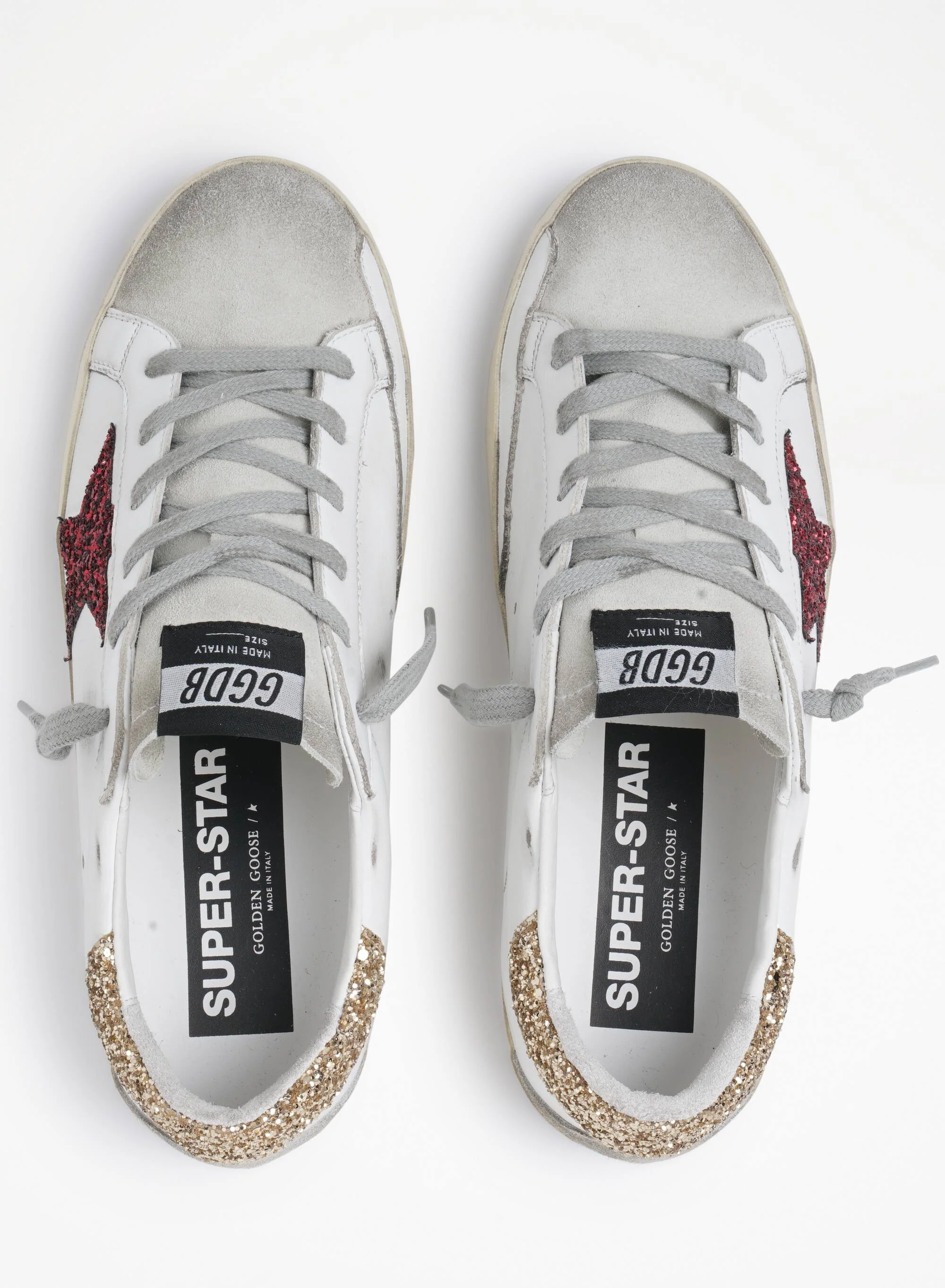 Women | Super-Star Sneakers with Colored Glitter Star & Heel Tab | White x Red x Ice x Gold x - Image 2