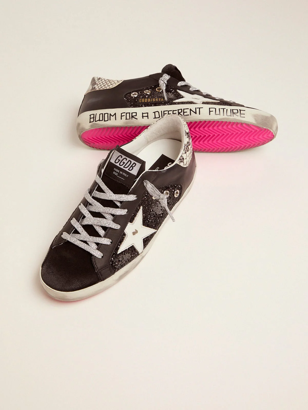 Women | Super-Star Sneakers with Glitter & Handwritten Lettering | Black x White x Rock Snake - Image 5