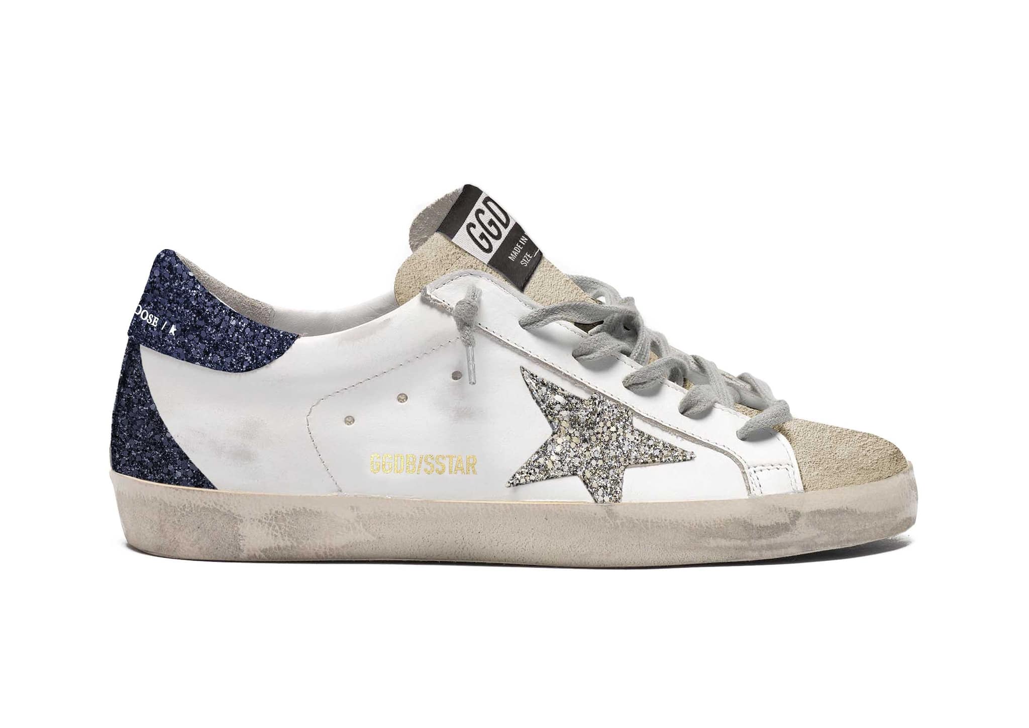 Women | Super-Star Sneakers with Glittery Heel Tab & Star | White x Beige x Silver x Night Blue - Image 4