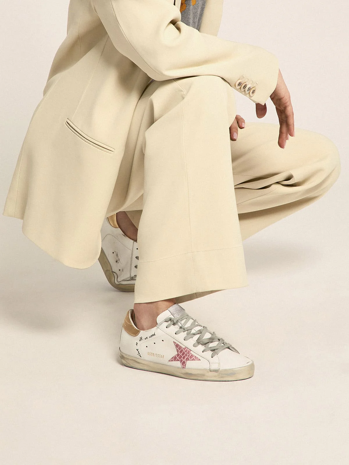 Women | Super-Star Sneakers with Handwritten Lettering & Crocodile-Print Leather Stars | White x Pale Pink x Blue x Gold - Image 3
