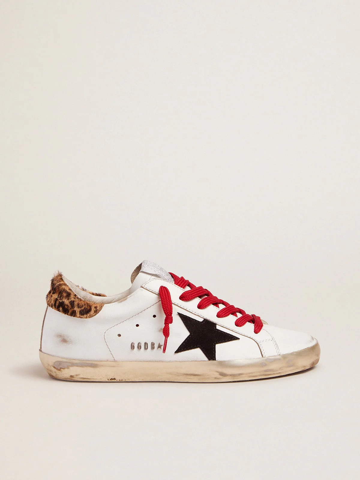 Women | Super-Star Sneakers with Leopard-Print Heel Tab & Red Laces | White x Black x Beige Brown Leo - Image 2