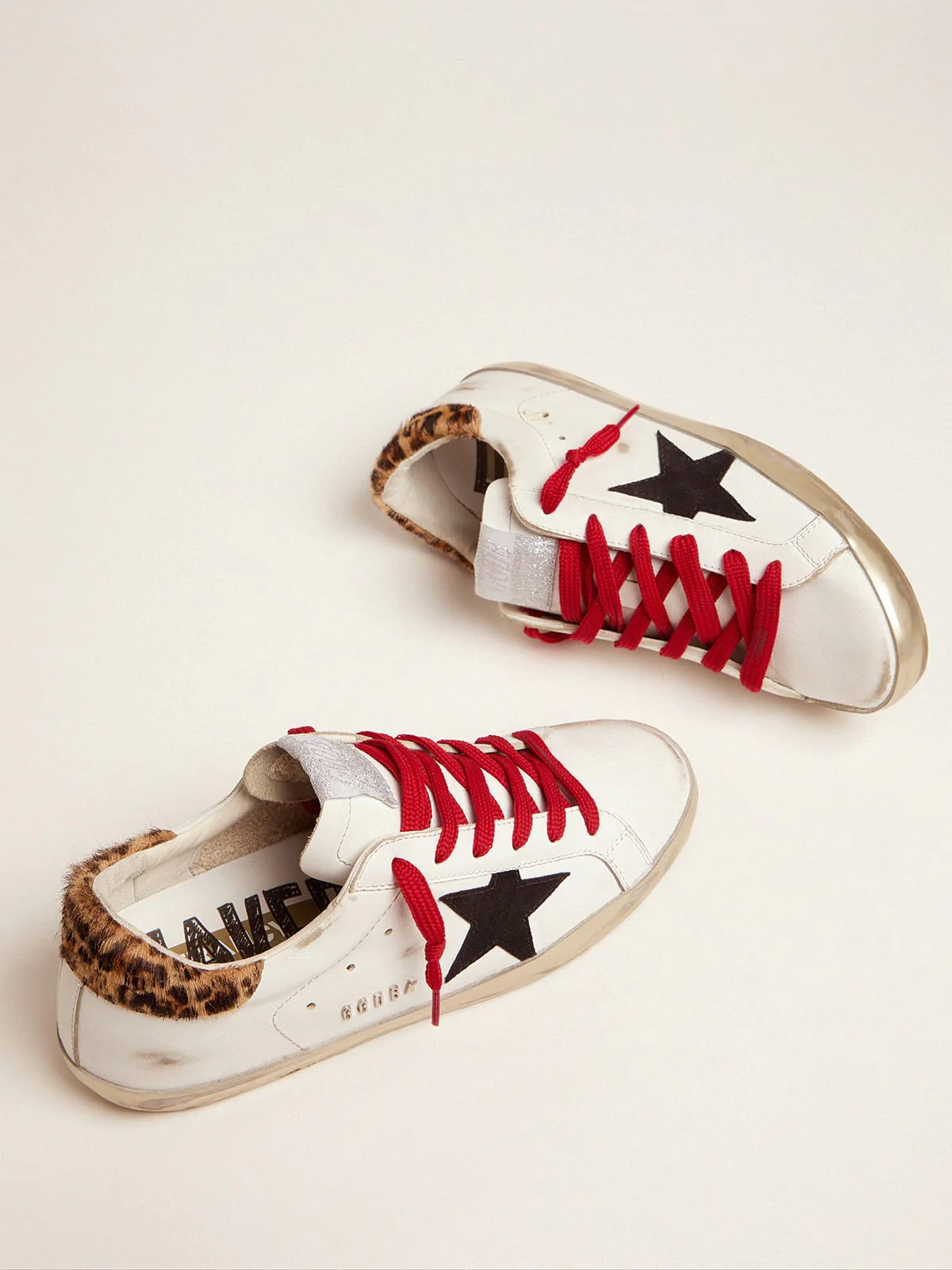 Women | Super-Star Sneakers with Leopard-Print Heel Tab & Red Laces | White x Black x Beige Brown Leo - Image 5