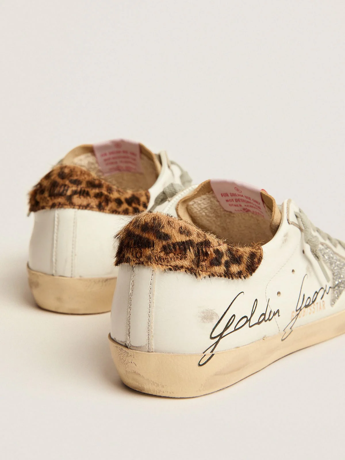Women | Super-Star Sneakers with Leopard-Print Pony Skin Heel Tab & Swarovski Star | White x Beige x Silver x Beige Brown Leo - Image 2