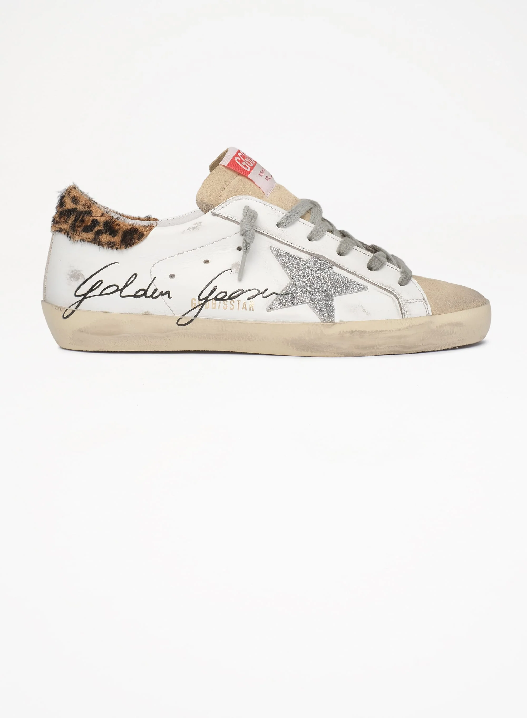 Women | Super-Star Sneakers with Leopard-Print Pony Skin Heel Tab & Swarovski Star | White x Beige x Silver x Beige Brown Leo - Image 3