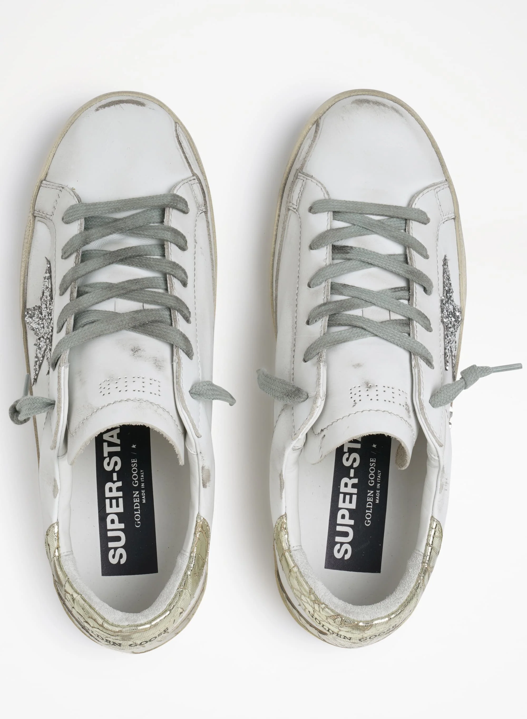 Women | Super-Star Sneakers with Silver Glitter Star & Glossy Gold Leather Heel Tab | White x Silver x Platinum - Image 3