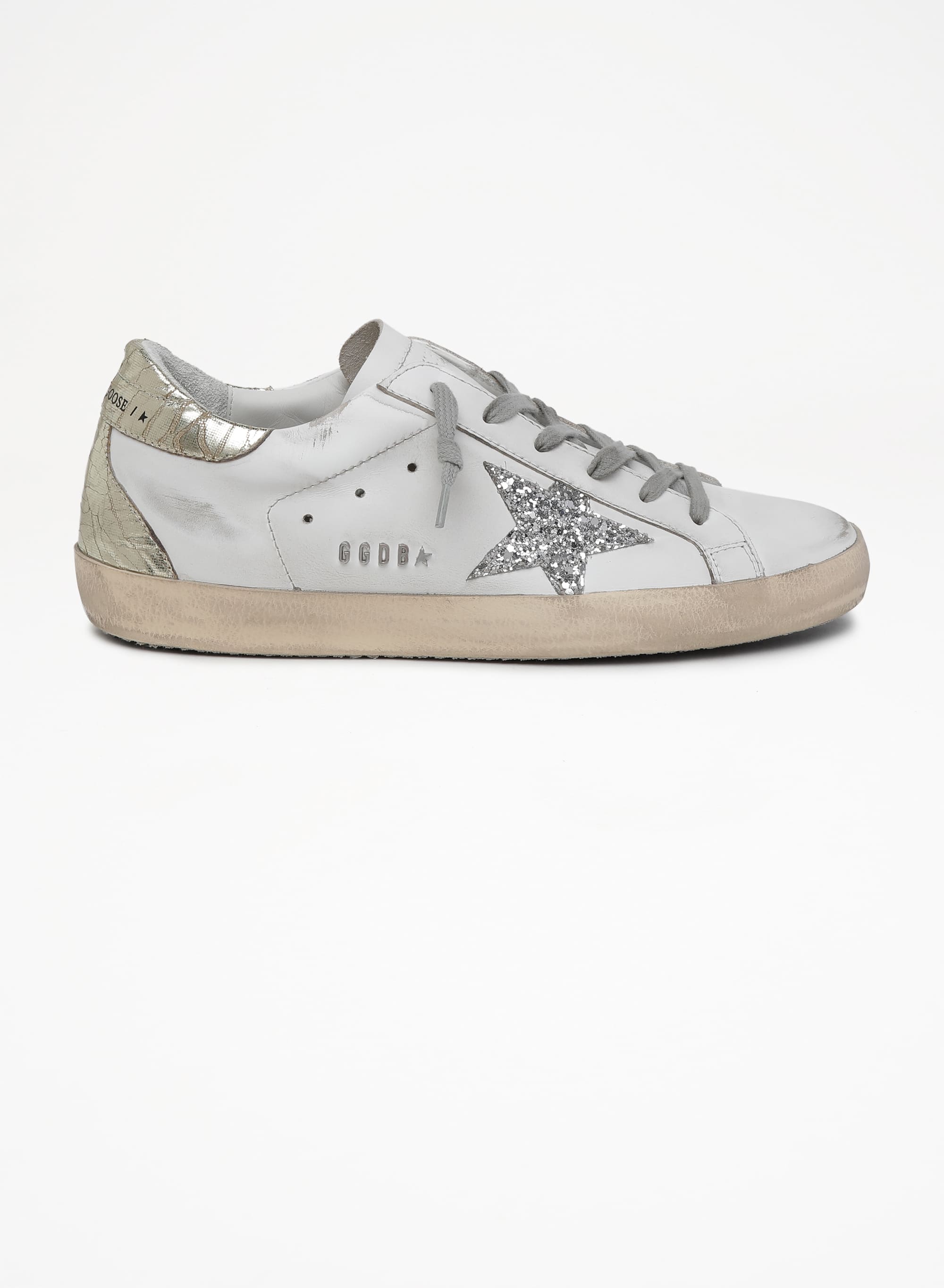 Women | Super-Star Sneakers with Silver Glitter Star & Glossy Gold Leather Heel Tab | White x Silver x Platinum - Image 5