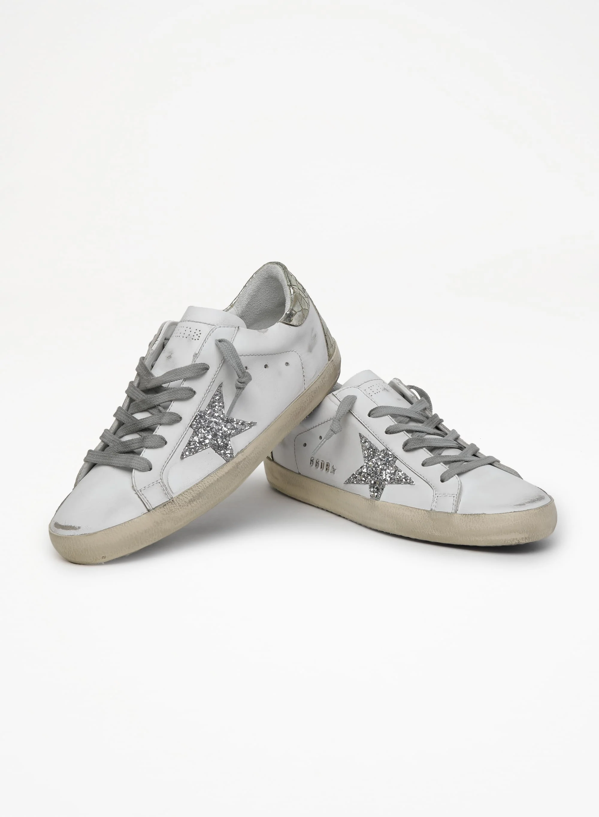Women | Super-Star Sneakers with Silver Glitter Star & Glossy Gold Leather Heel Tab | White x Silver x Platinum - Image 8