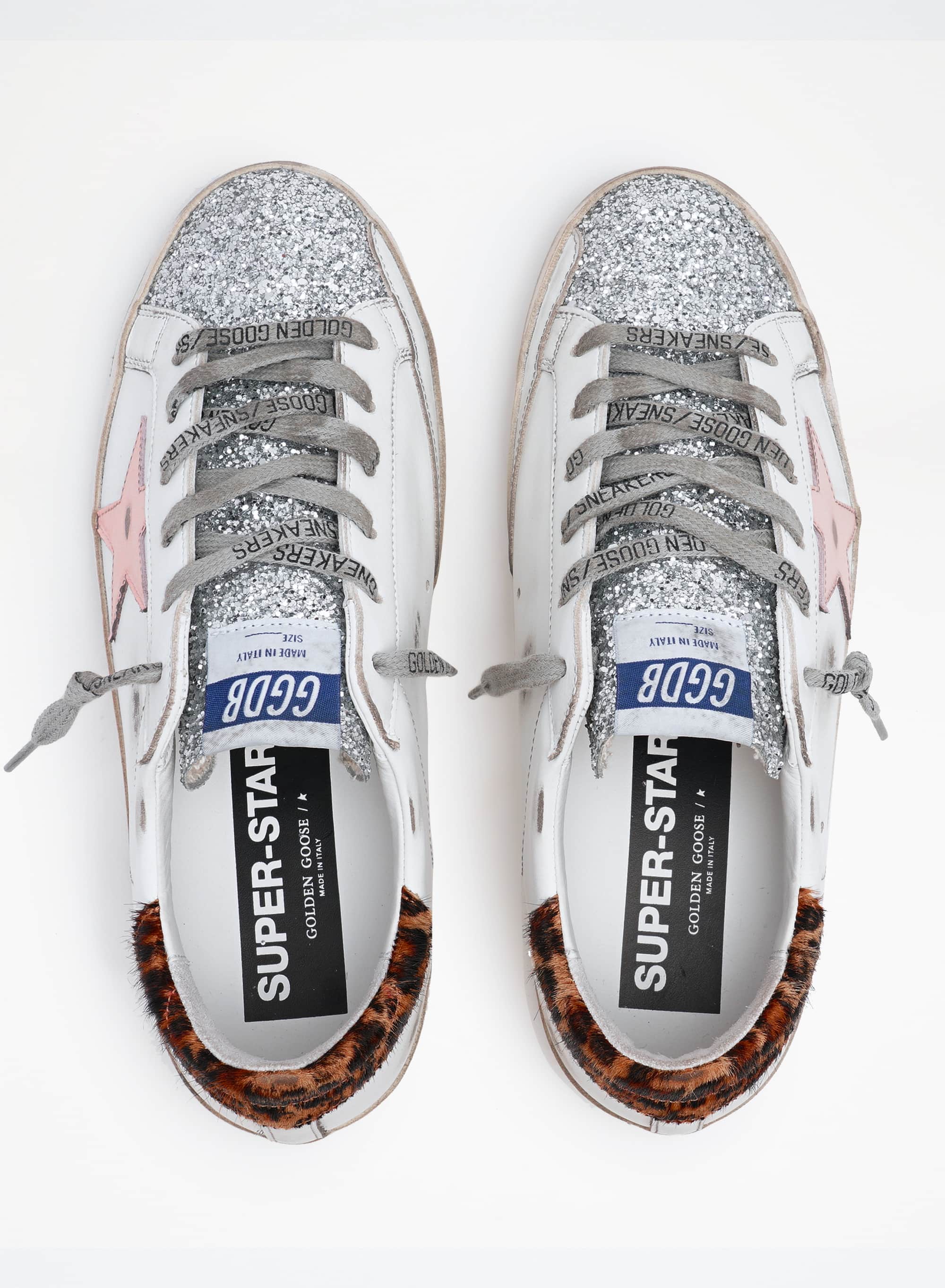 Women | Super-Star Sneakers with Silver Glitter Tongue & Handwritten Lettering | White x Rose Quartz x Silver x Beige Brown Leo - Image 7