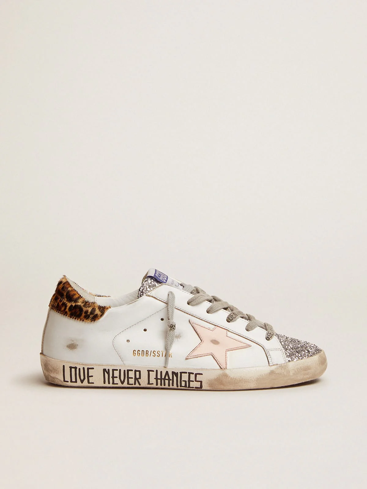 Women | Super-Star Sneakers with Silver Glitter Tongue & Handwritten Lettering | White x Rose Quartz x Silver x Beige Brown Leo - Image 9