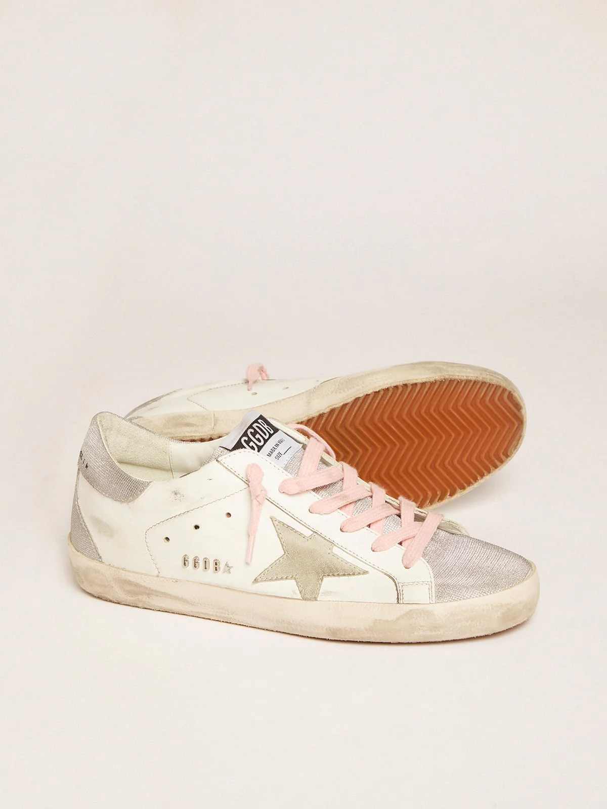 Women | Super-Star Sneakers with Silver Glitter Tongue & Heel Tab with Checkered Pattern | White x Silver - Image 3