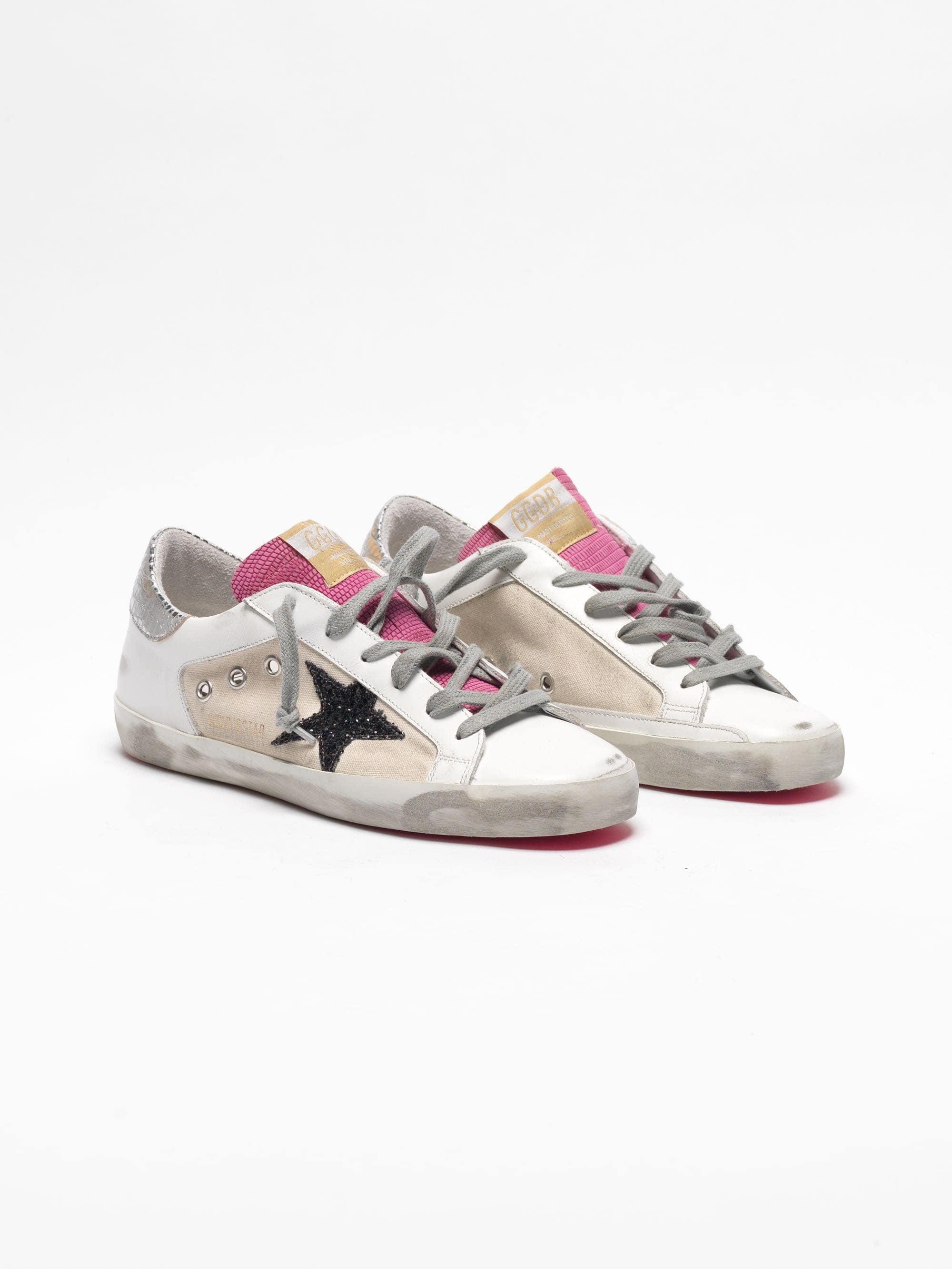 Women | Super-Star White & Pink Leather with Black Glitter Star & Silver Heel Tab - Image 6