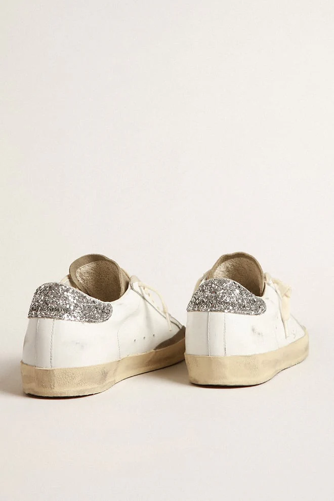Women | Super-Star White Leather & Taupe Suede with Silver Glitter Heel | White x Taupe x Silver - Image 2