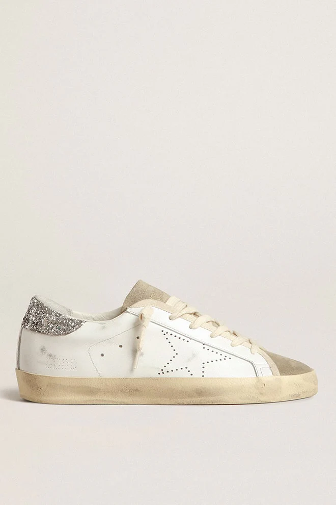 Women | Super-Star White Leather & Taupe Suede with Silver Glitter Heel | White x Taupe x Silver - Image 5